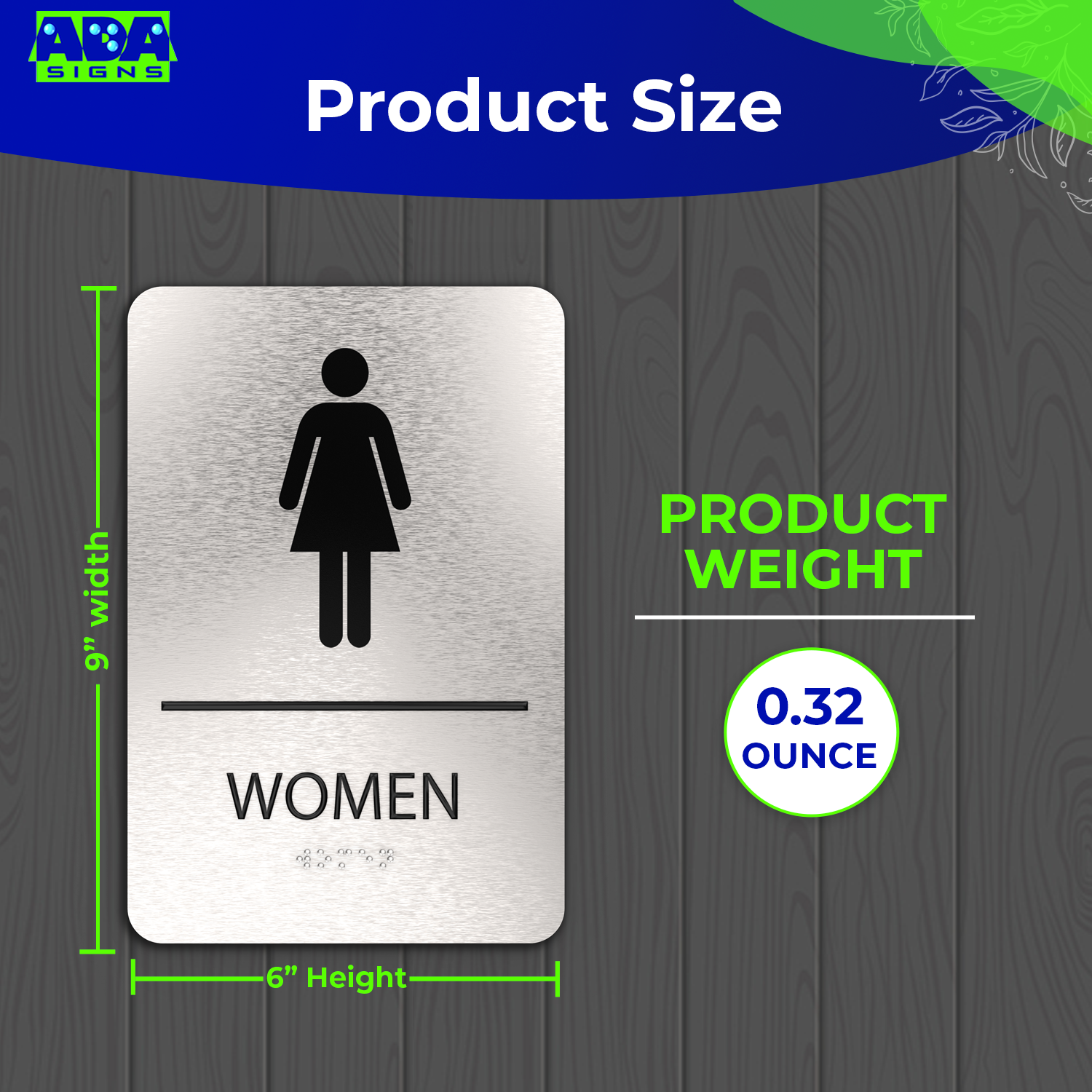 WOMEN Bathroom Sign with Woman Symbol, Non Accessible - Brushed Silver Aluminum - ADA Compliant