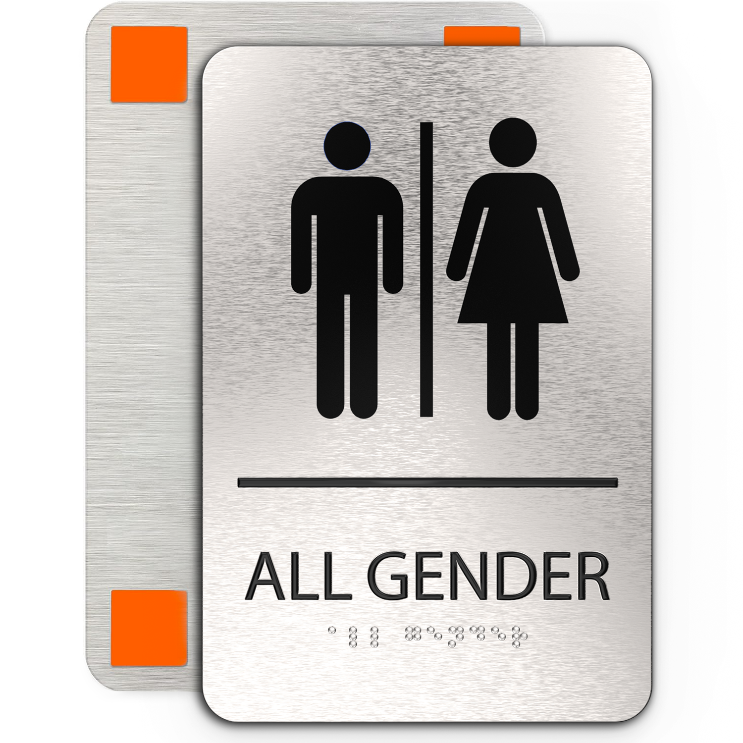 ALL GENDER Restroom Sign with Man & Woman Symbols, Non Accessible - Brushed Silver Aluminum - ADA Compliant
