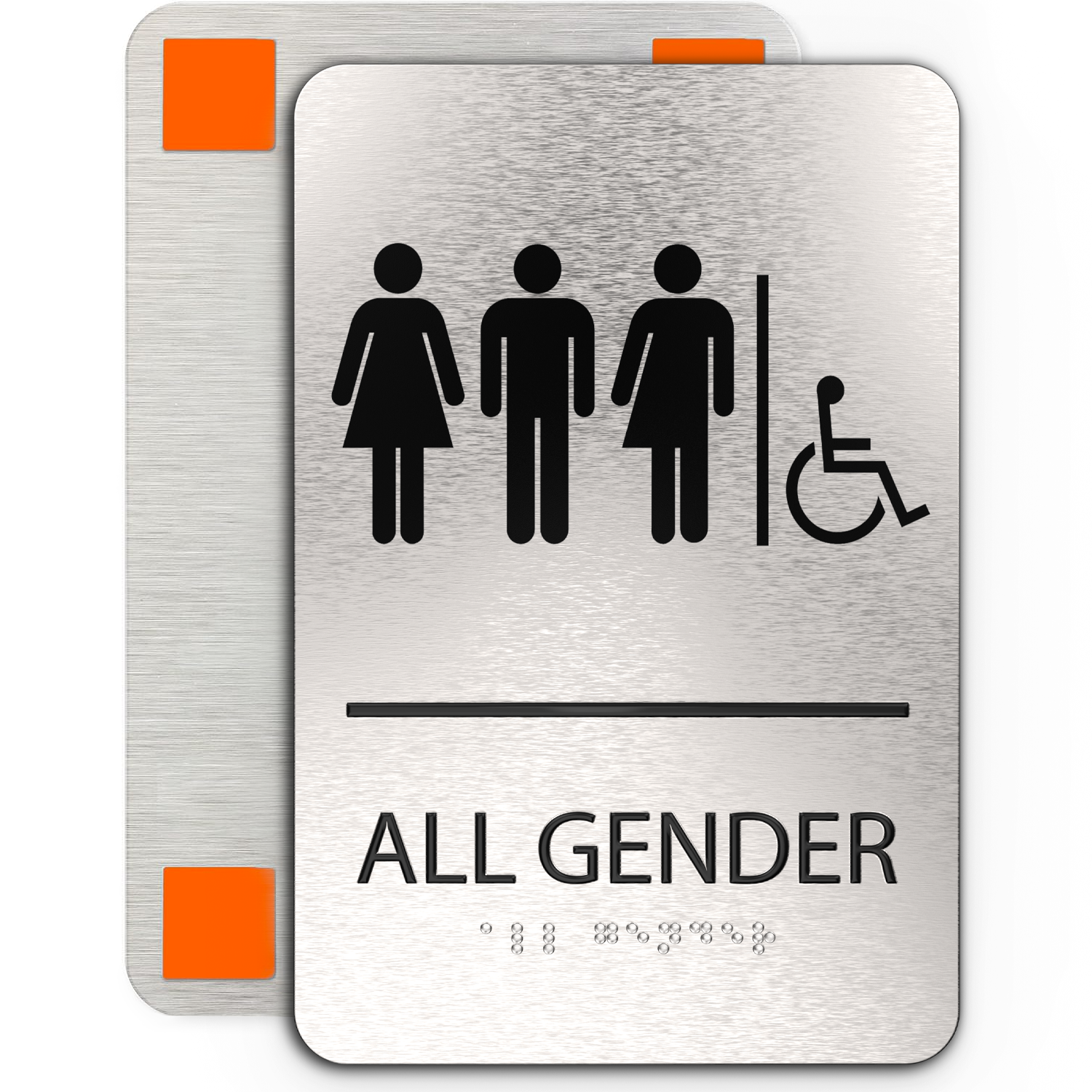 ALL GENDER Bathroom Sign with Man, Woman, Unisex, Handicap Symbol, - Brushed Silver Aluminum - ADA Compliant