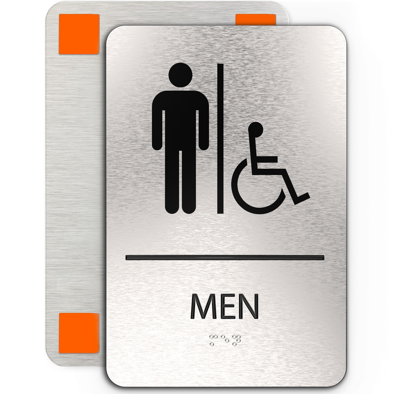 MEN Restroom Signs with Man & Wheelchair Symbols - Brushed Silver Aluminum - ADA Compliant