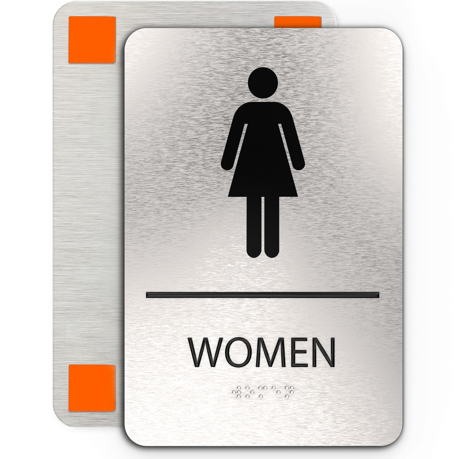 WOMEN Bathroom Sign with Woman Symbol, Non Accessible - Brushed Silver Aluminum - ADA Compliant
