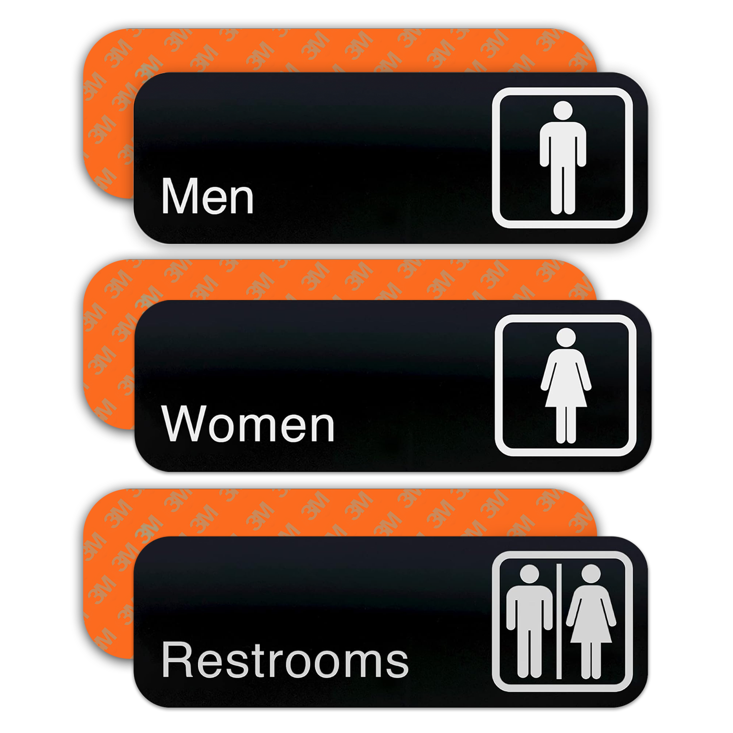 MEN, WOMEN, RESTROOM Signs, 1 of each - Black Acrylic - Set of 3