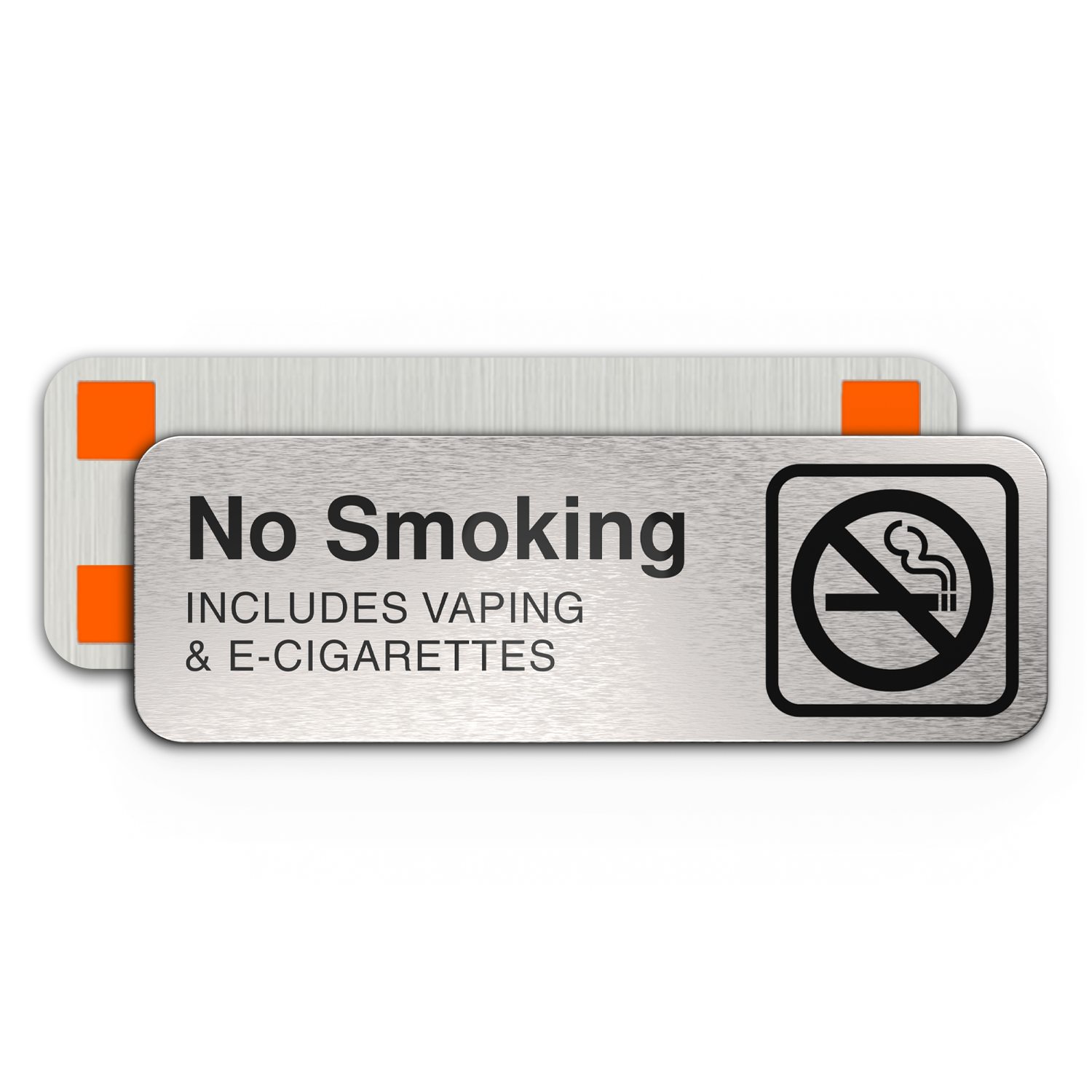 No Smoking Sign Office, NO SMOKING INCLUDING VAPING & E-CIGARETTES, Aluminum Brushed Silver, Black Text, 9"x 3"