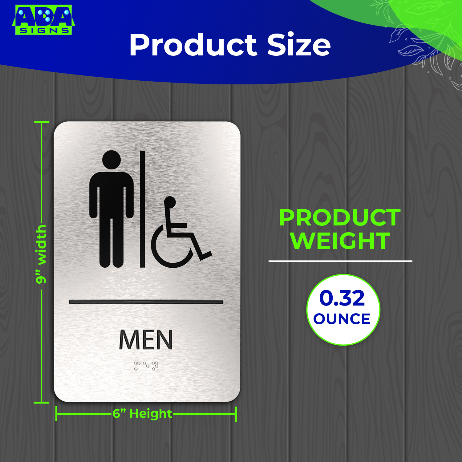 MEN Restroom Signs with Man & Wheelchair Symbols - Brushed Silver Aluminum - ADA Compliant