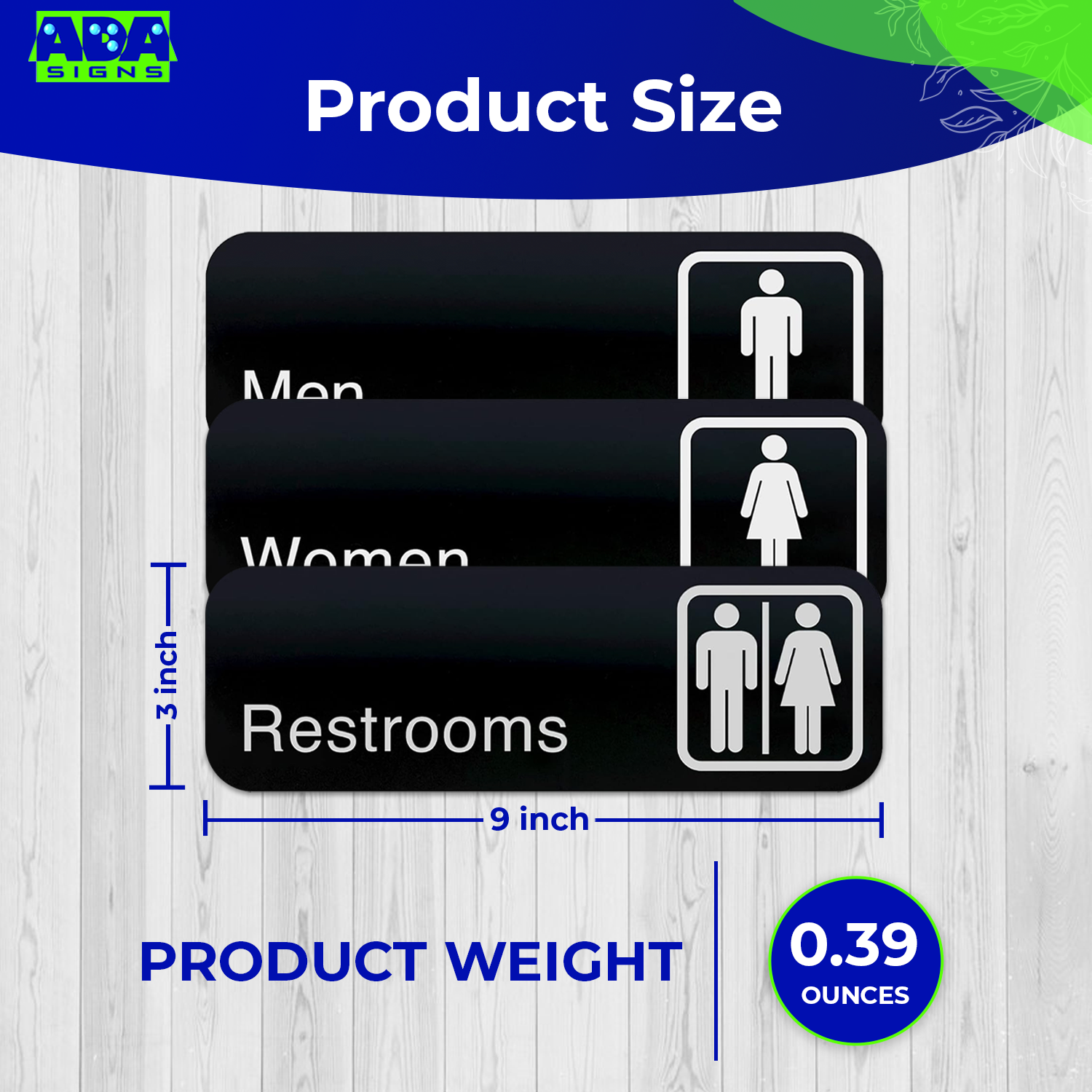 MEN, WOMEN, RESTROOM Signs, 1 of each - Black Acrylic - Set of 3
