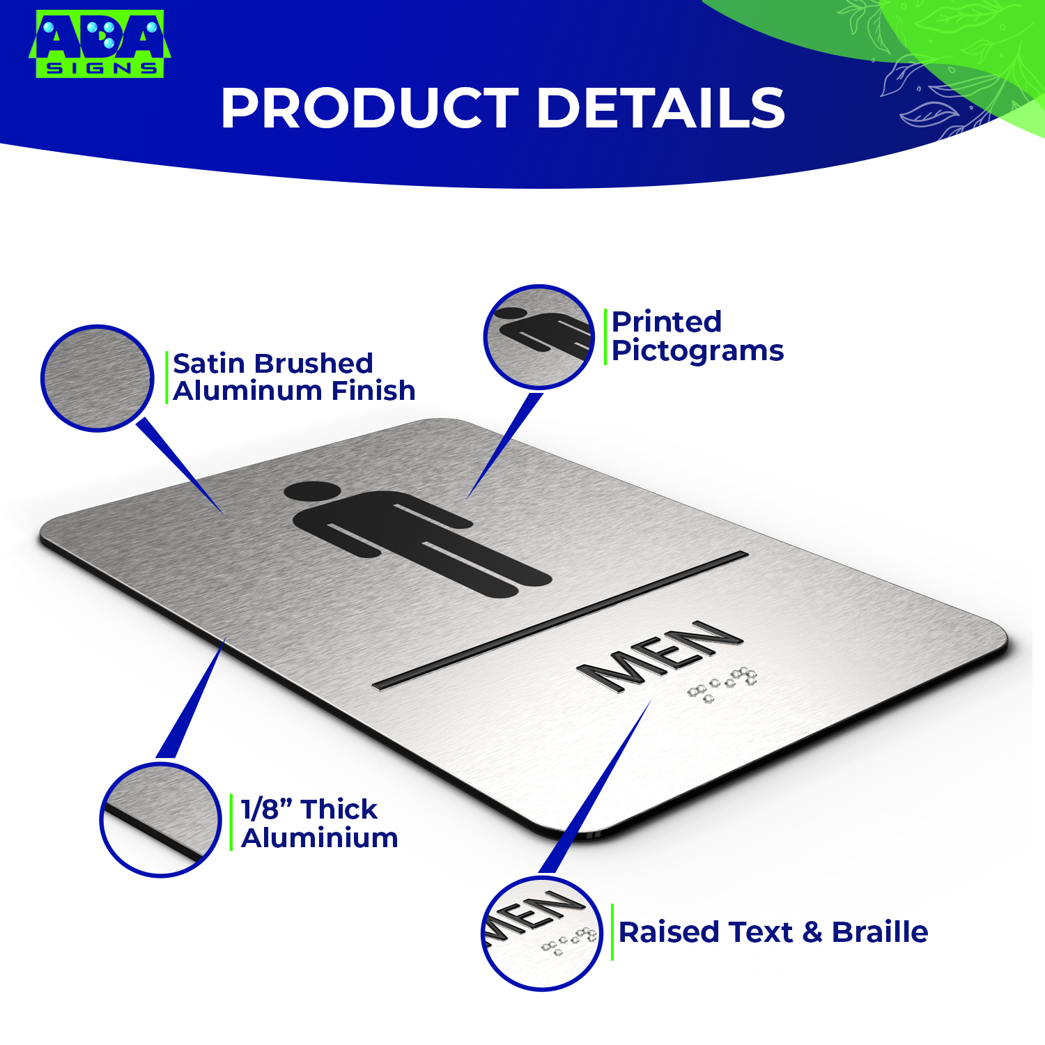 MEN Restroom Sign with Man Symbol, Non Accessible - Brushed Silver Aluminum - ADA Compliant