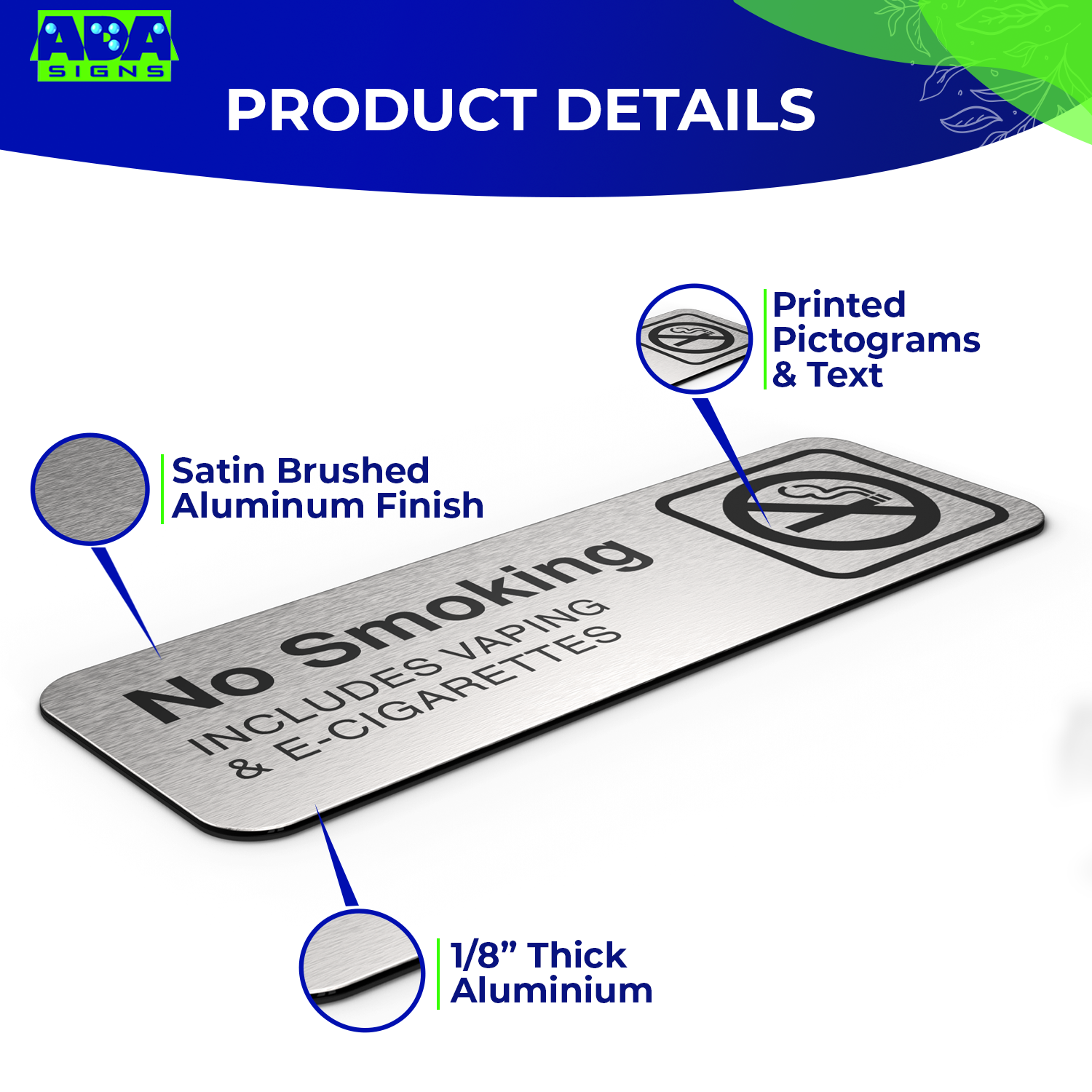 No Smoking Sign Office, NO SMOKING INCLUDING VAPING & E-CIGARETTES, Aluminum Brushed Silver, Black Text, 9"x 3"