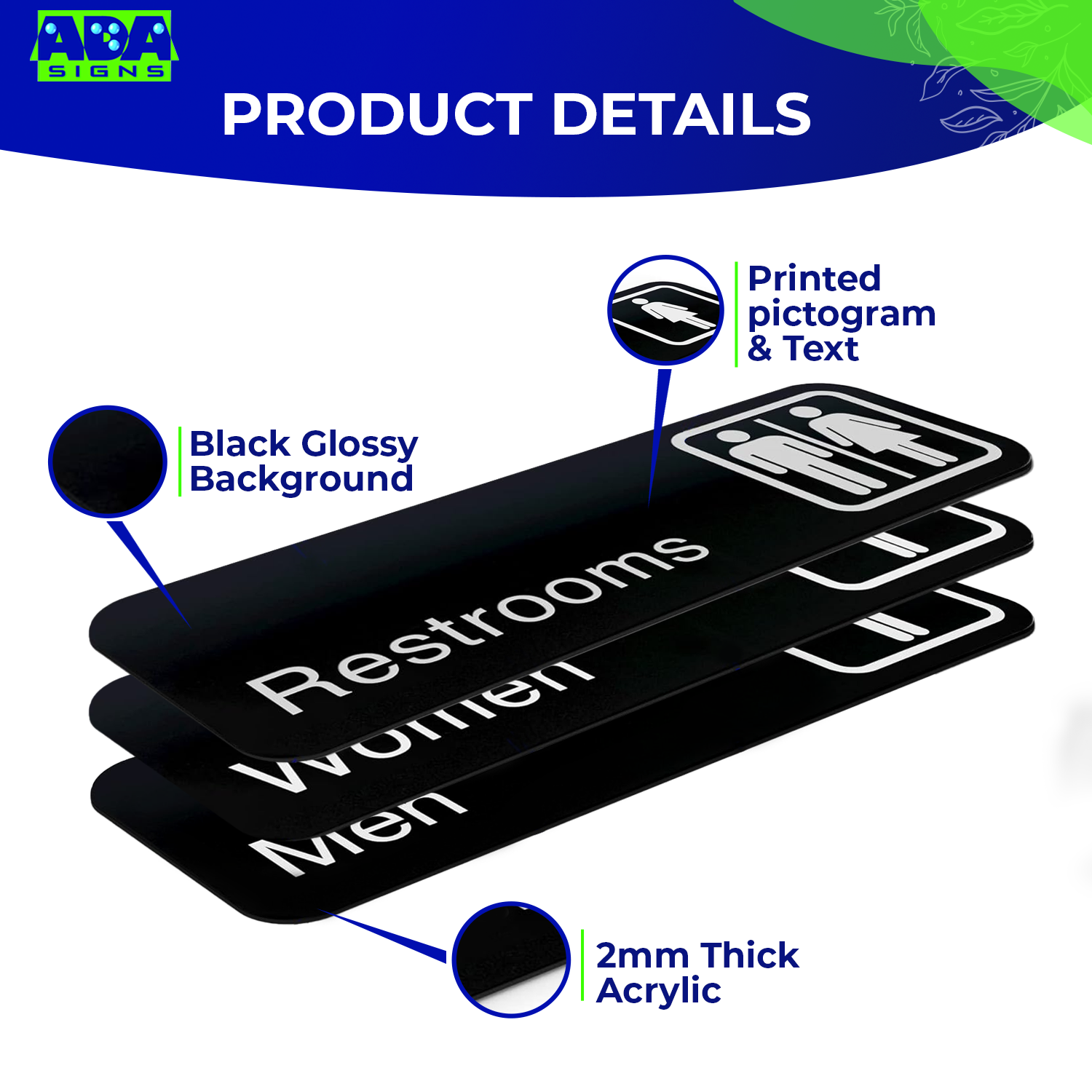 MEN, WOMEN, RESTROOM Signs, 1 of each - Black Acrylic - Set of 3