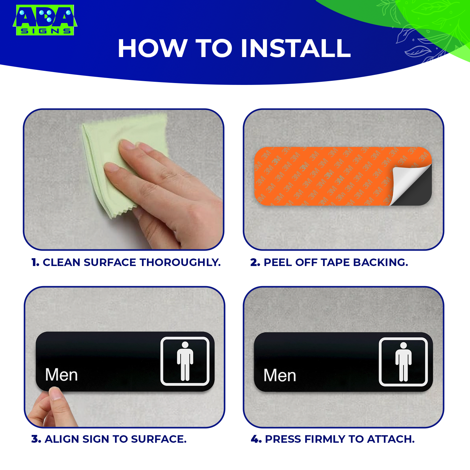 MEN, WOMEN, RESTROOM Signs, 1 of each - Black Acrylic - Set of 3