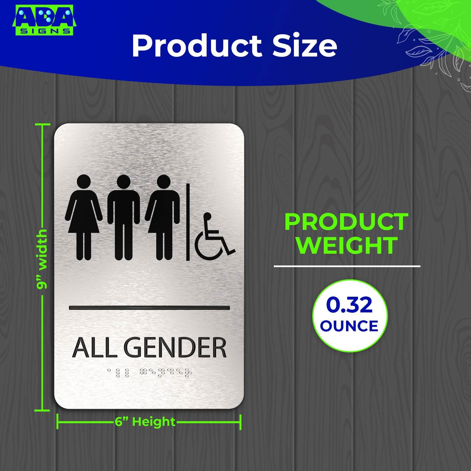 ALL GENDER Bathroom Sign with Man, Woman, Unisex, Handicap Symbol, - Brushed Silver Aluminum - ADA Compliant