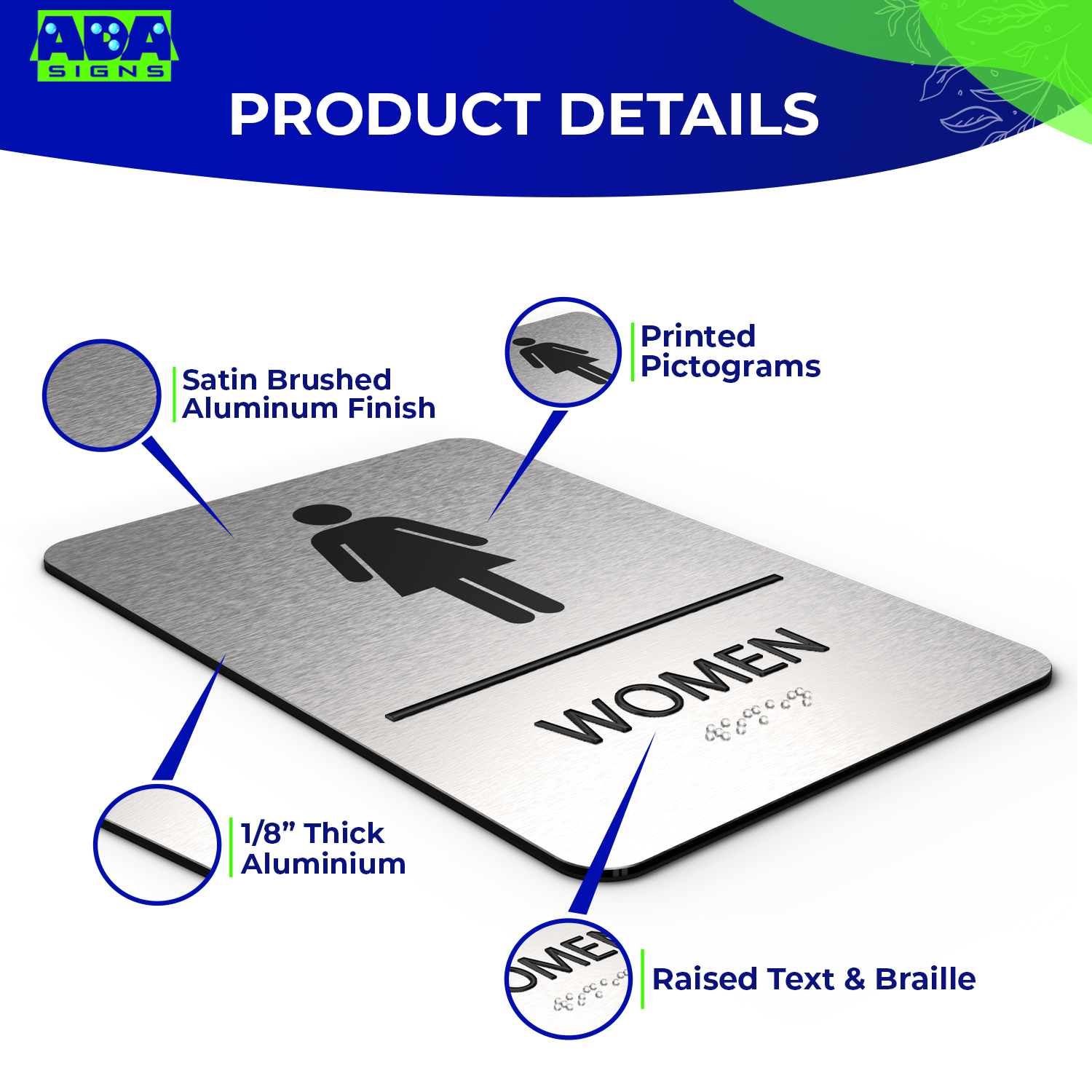 WOMEN Bathroom Sign with Woman Symbol, Non Accessible - Brushed Silver Aluminum - ADA Compliant