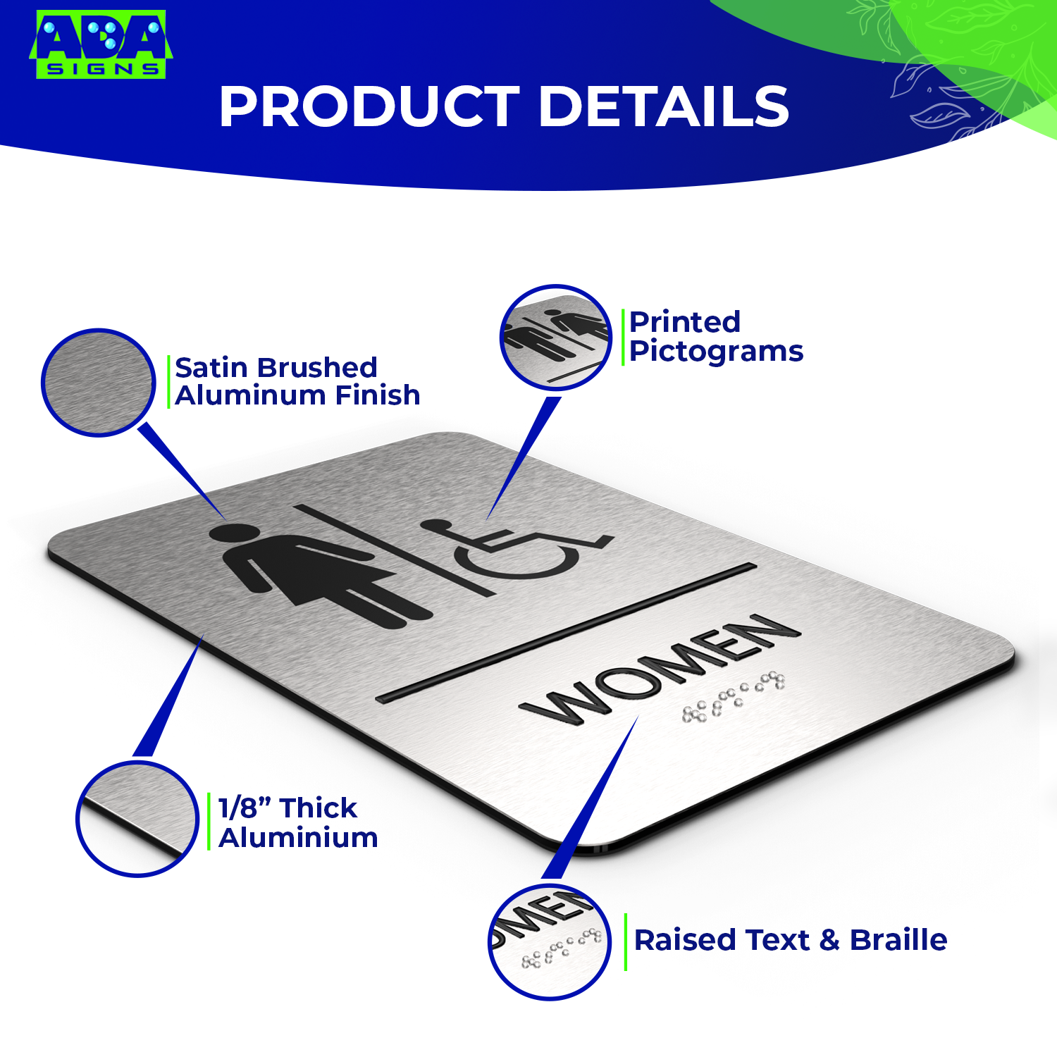 WOMEN Restroom Sign with Woman & Wheelchair Symbols - Brushed Silver Aluminum - ADA Compliant