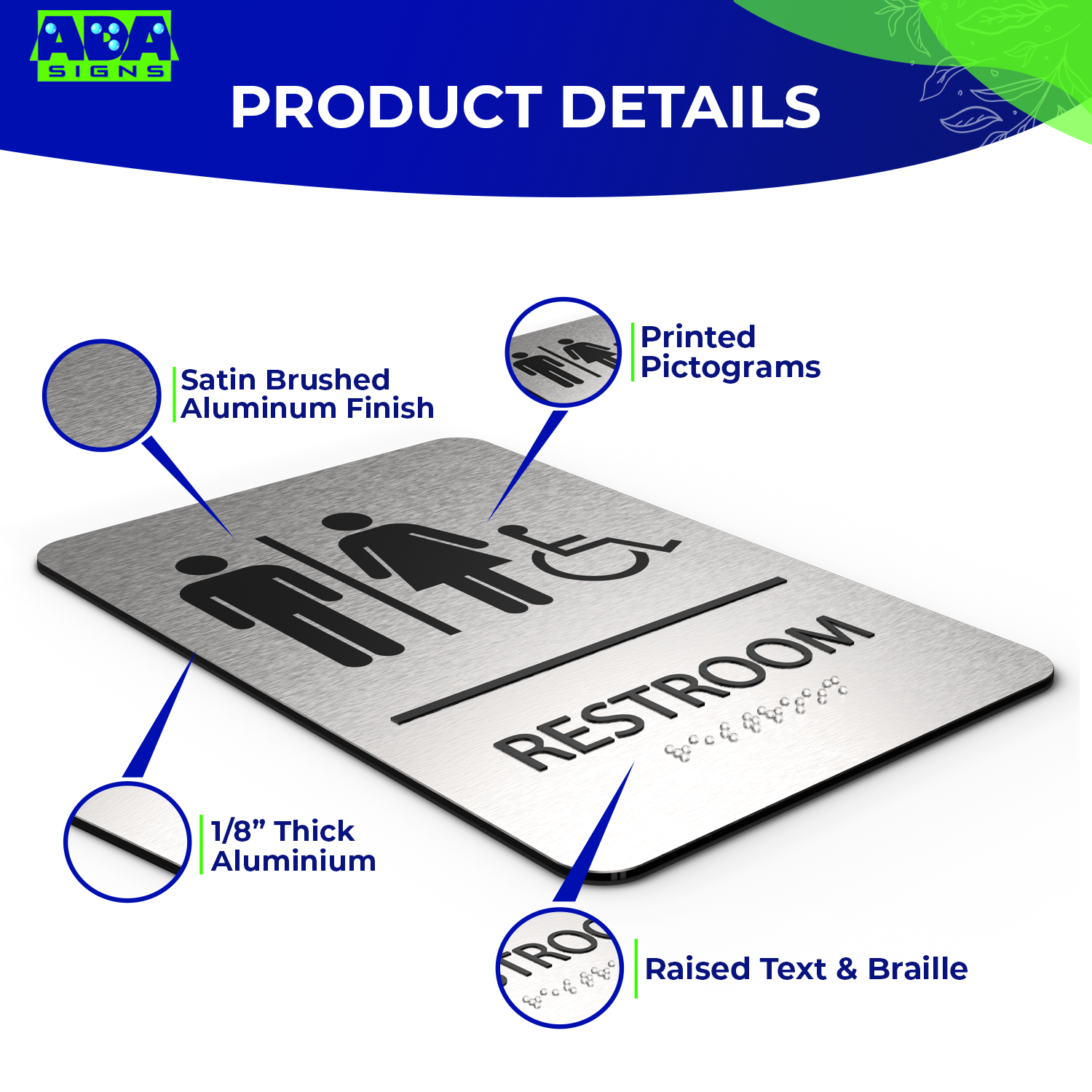 UNISEX Bathroom Sign with Man, Woman, Wheelchair Symbols - Brushed Silver Aluminum - ADA Compliant