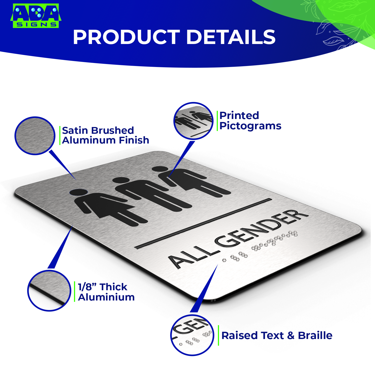 ALL GENDER Restroom Sign with Man, Woman & Blended Symbols, Non Accessible - Brushed Silver Aluminum - ADA Compliant