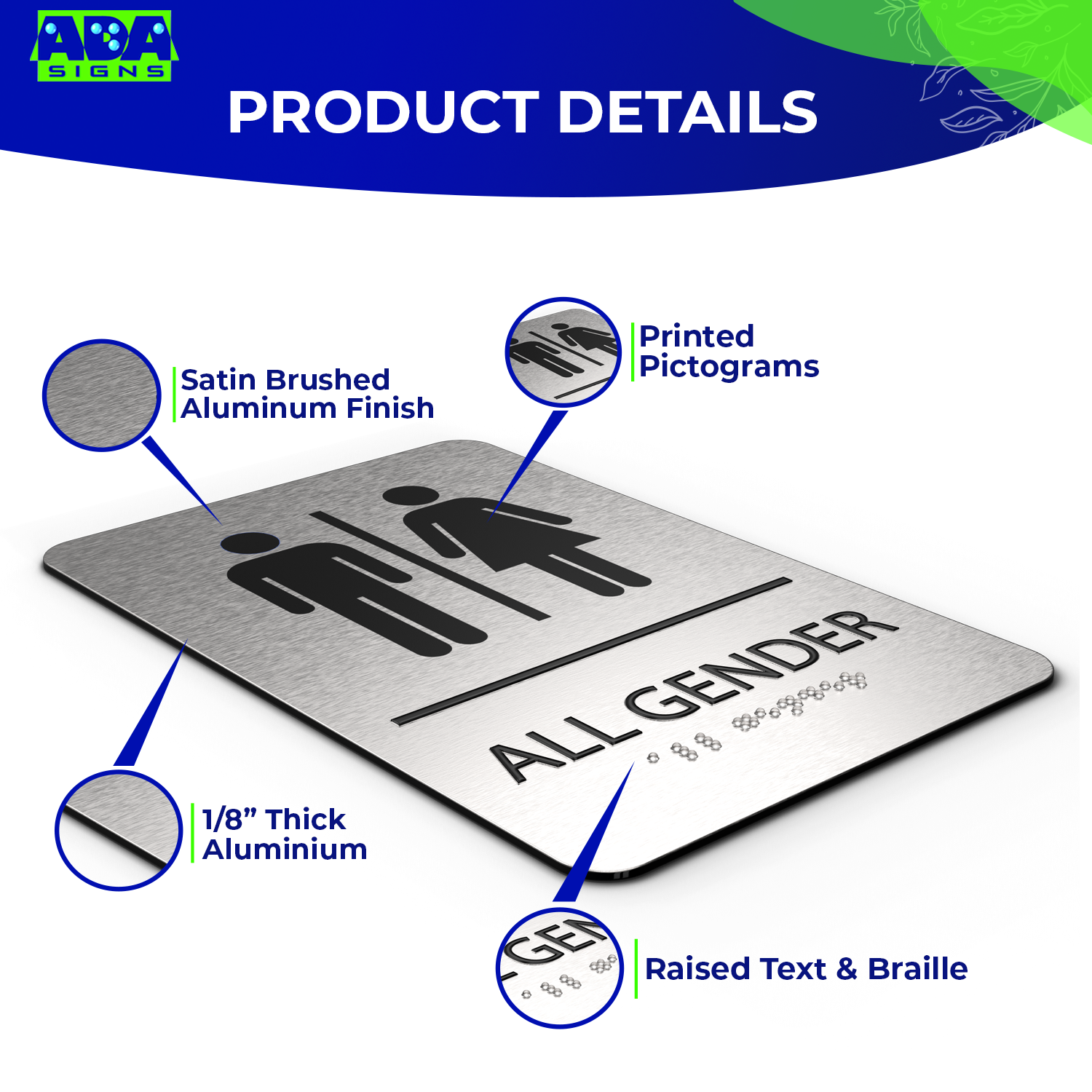 ALL GENDER Restroom Sign with Man & Woman Symbols, Non Accessible - Brushed Silver Aluminum - ADA Compliant