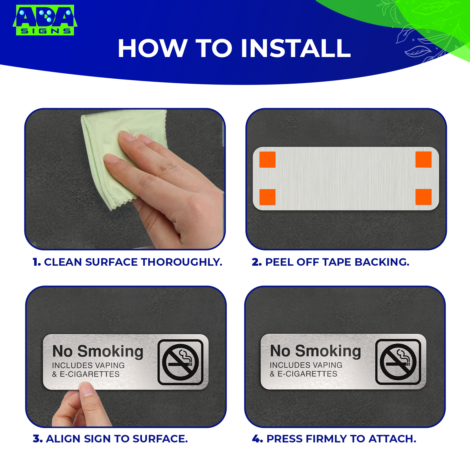 No Smoking Sign Office, NO SMOKING INCLUDING VAPING & E-CIGARETTES, Aluminum Brushed Silver, Black Text, 9"x 3"