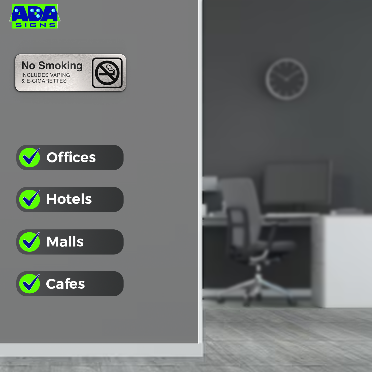 No Smoking Sign Office, NO SMOKING INCLUDING VAPING & E-CIGARETTES, Aluminum Brushed Silver, Black Text, 9"x 3"