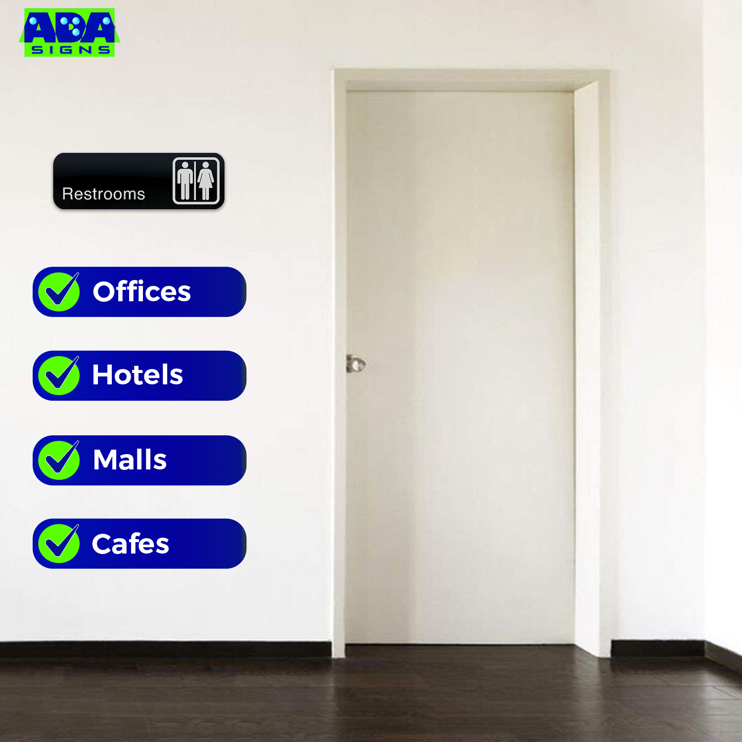 MEN, WOMEN, RESTROOM Signs, 1 of each - Black Acrylic - Set of 3