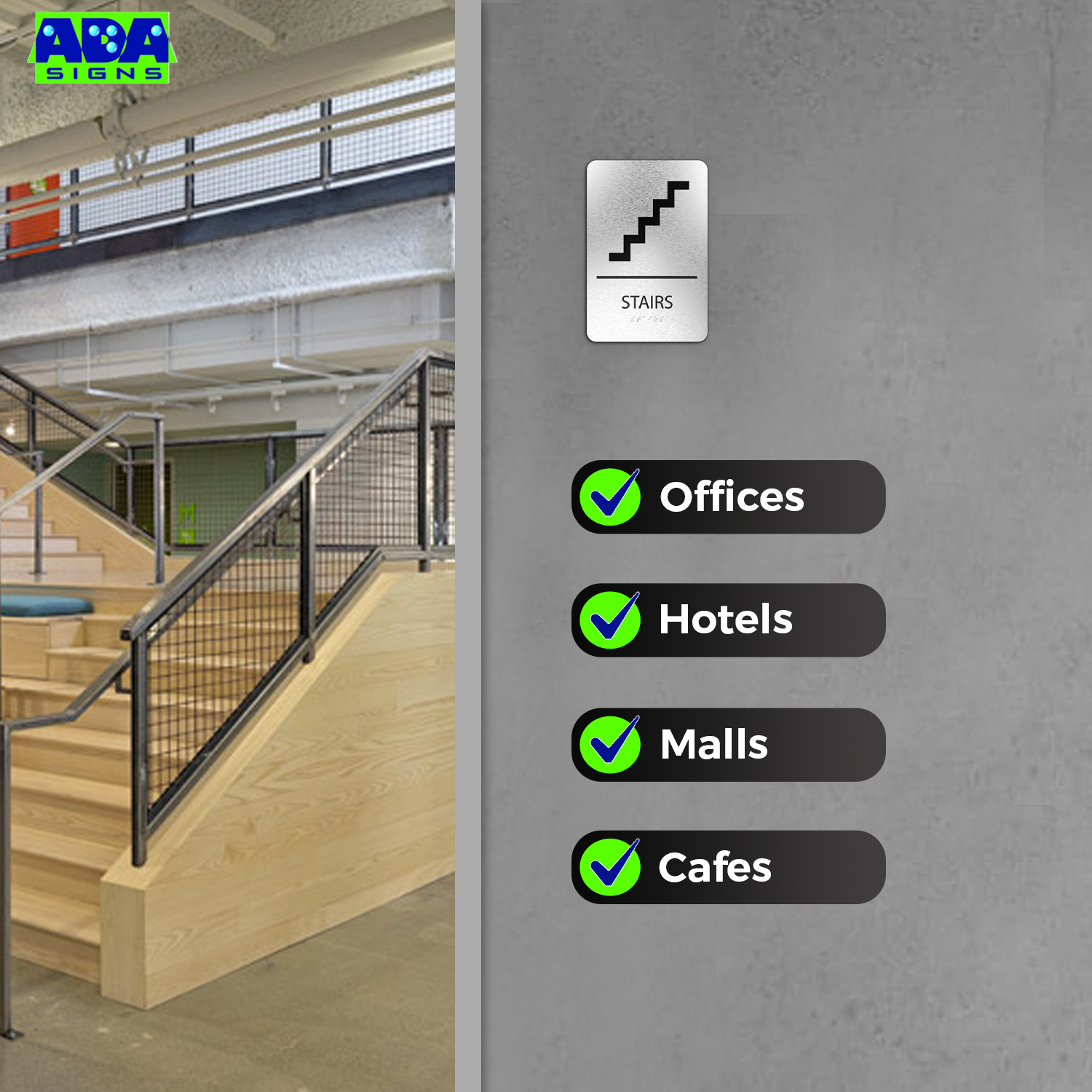 STAIRS Sign - Brushed Silver Aluminum - ADA Compliant.