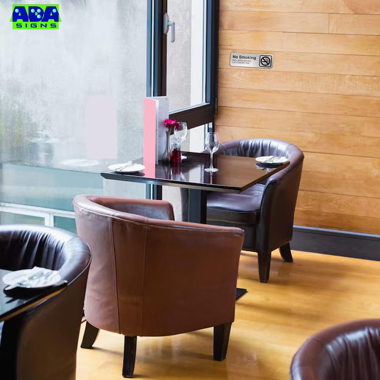 No Smoking Sign Office, NO SMOKING INCLUDING VAPING & E-CIGARETTES, Aluminum Brushed Silver, Black Text, 9"x 3"