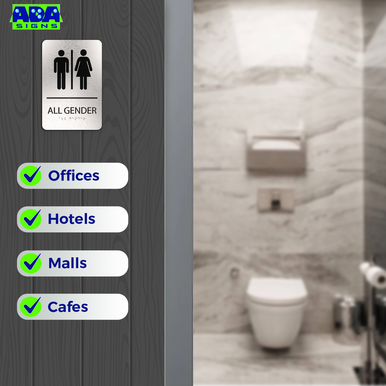 ALL GENDER Restroom Sign with Man & Woman Symbols, Non Accessible - Brushed Silver Aluminum - ADA Compliant