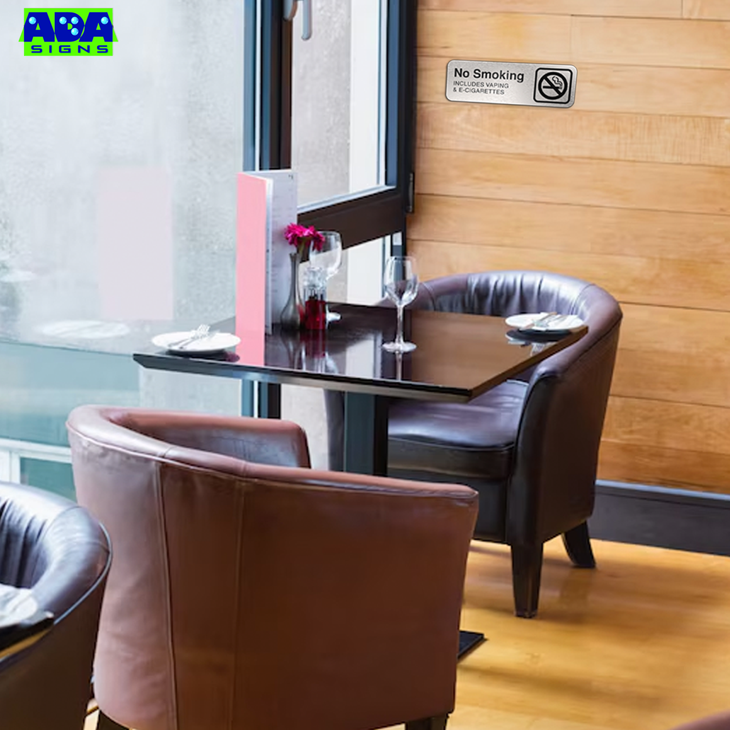 No Smoking Sign Office, NO SMOKING INCLUDING VAPING & E-CIGARETTES, Aluminum Brushed Silver, Black Text, 9"x 3"