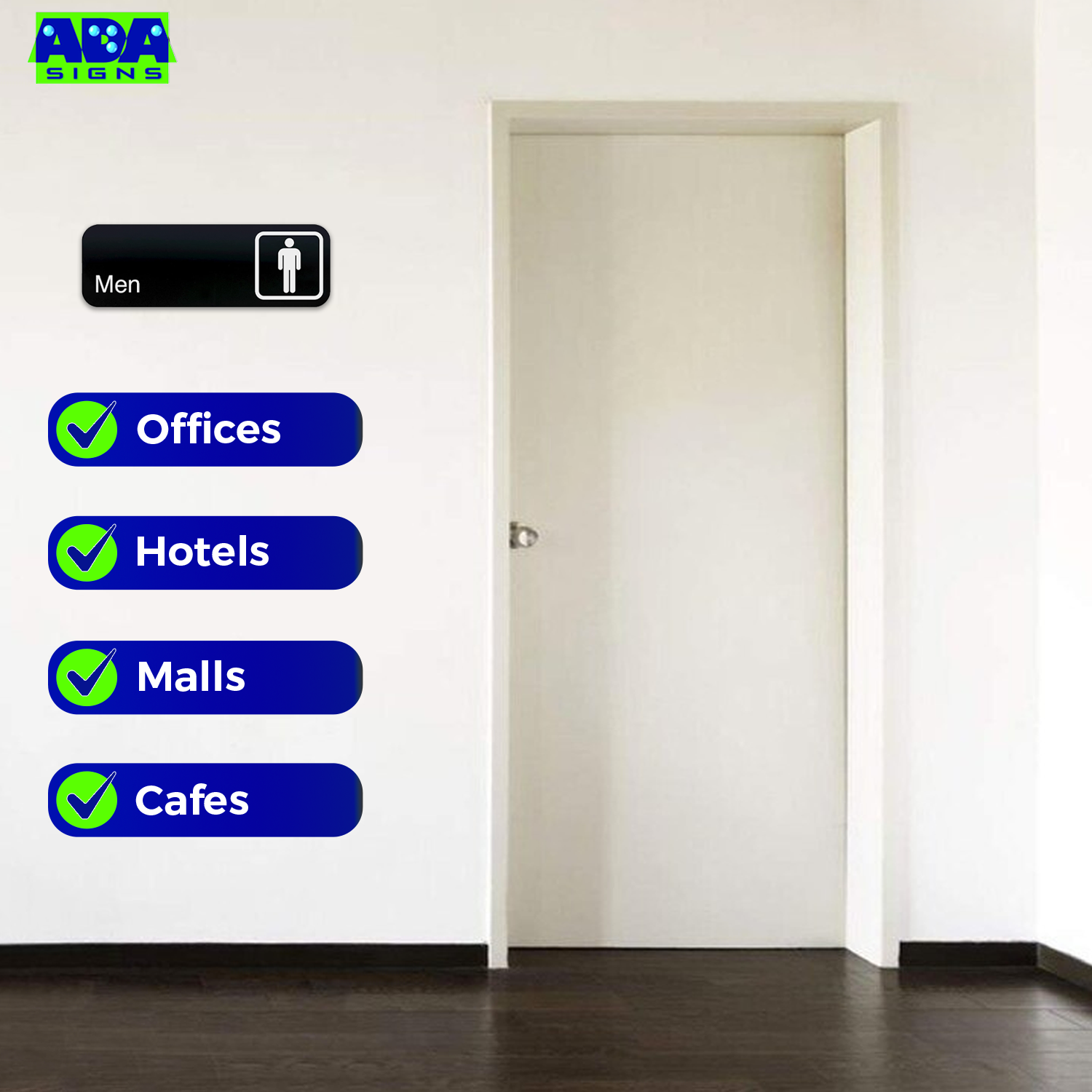 MEN, WOMEN, RESTROOM Signs, 1 of each - Black Acrylic - Set of 3