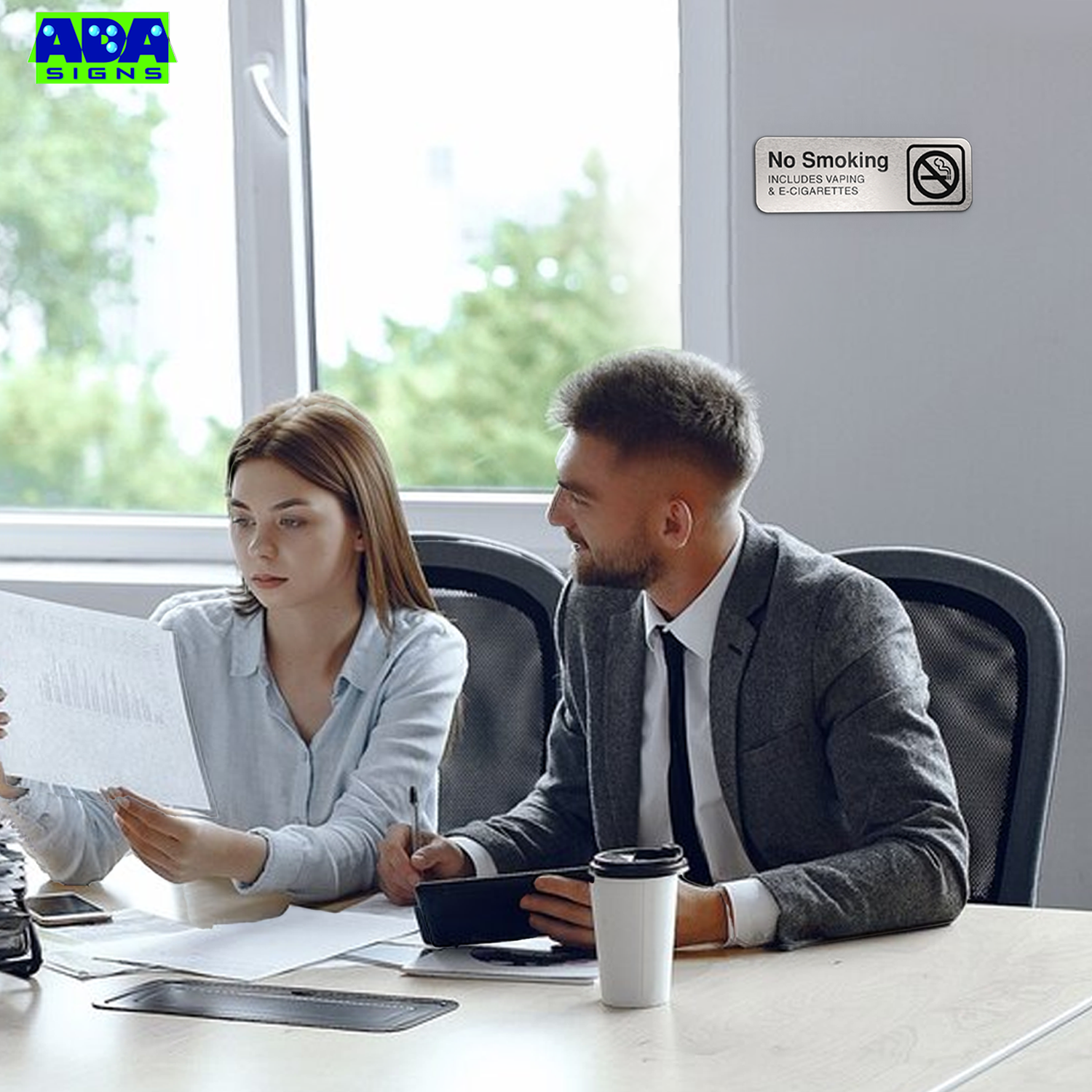 No Smoking Sign Office, NO SMOKING INCLUDING VAPING & E-CIGARETTES, Aluminum Brushed Silver, Black Text, 9"x 3"