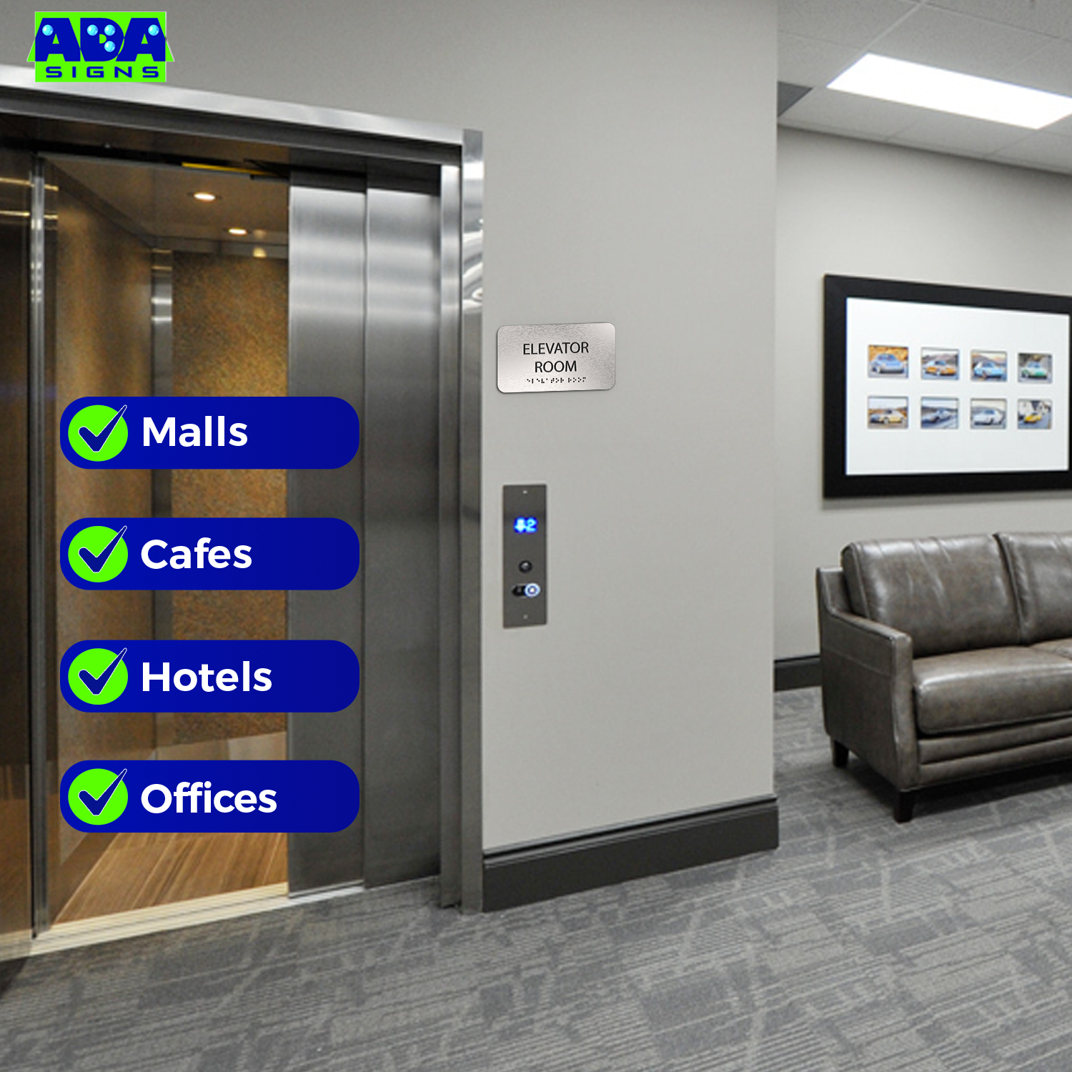 ELEVATOR ROOM Sign - Brushed Silver Aluminum - ADA Compliant