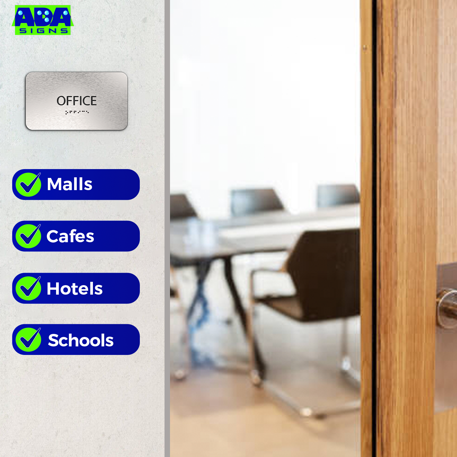 OFFICE Sign for Door - Brushed Silver Aluminum - ADA Compliant