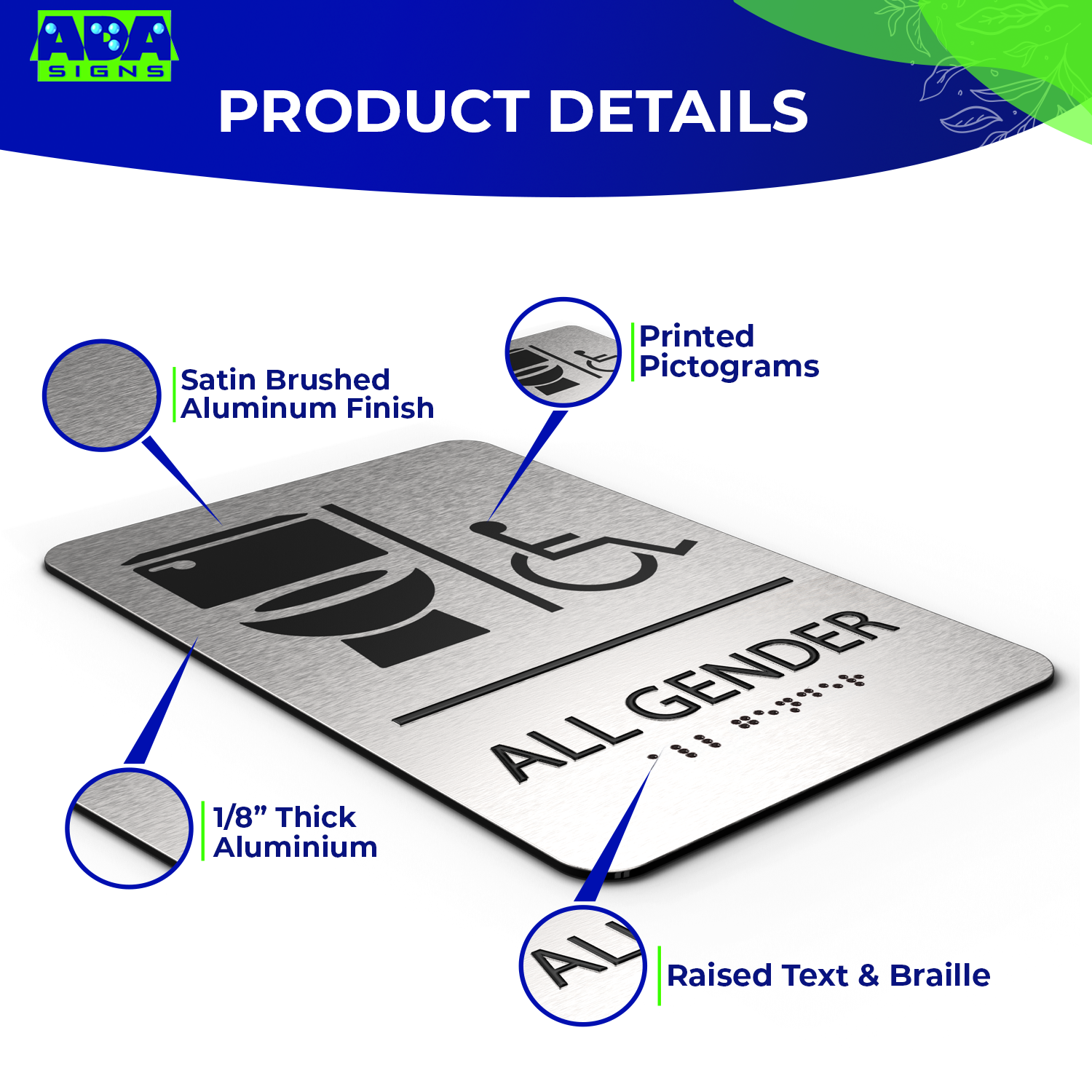ALL GENDER Restroom Sign with Toilet & Wheelchair Symbols - Brushed Silver Aluminum - ADA Compliant