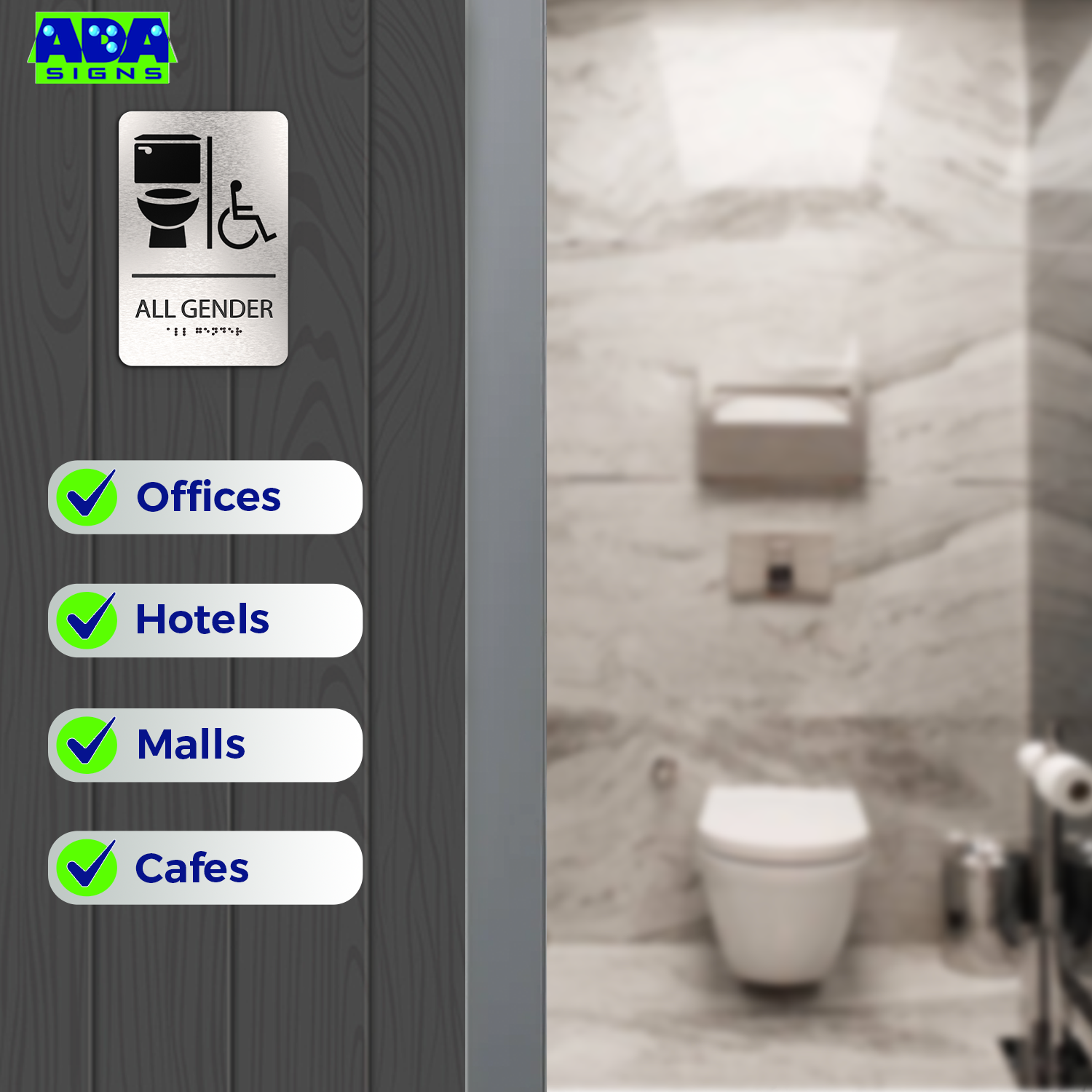 ALL GENDER Restroom Sign with Toilet & Wheelchair Symbols - Brushed Silver Aluminum - ADA Compliant