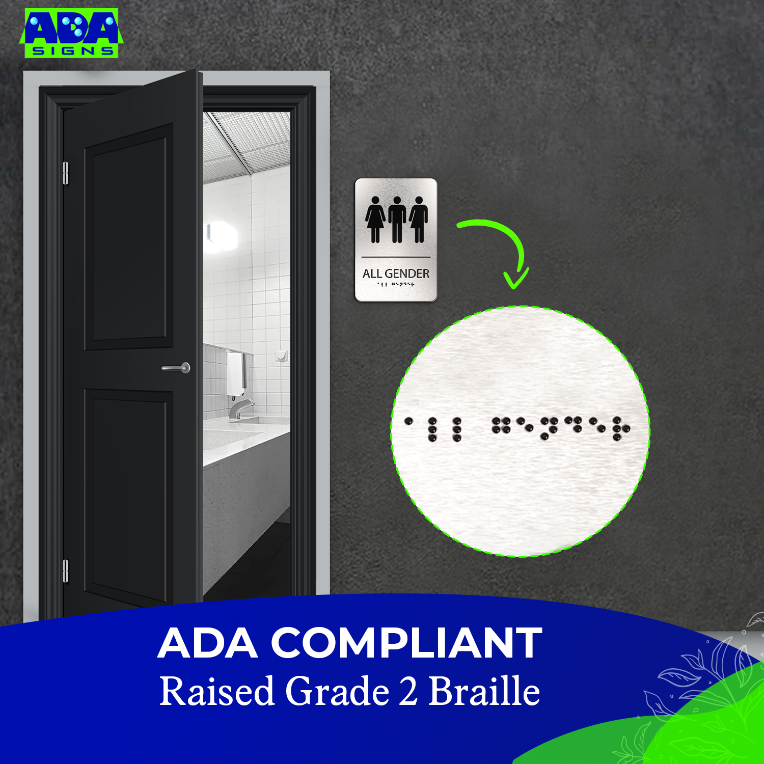 ALL GENDER Restroom Sign with Man, Woman & Blended Symbols, Non Accessible - Brushed Silver Aluminum - ADA Compliant