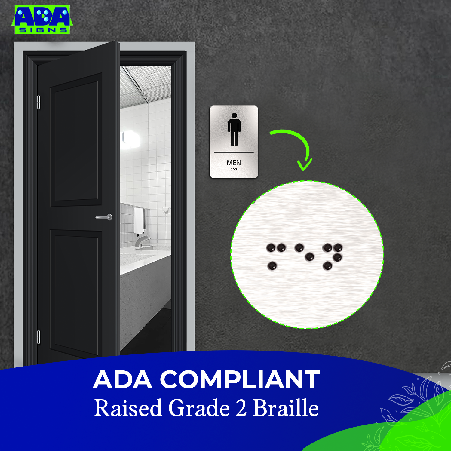 MEN Restroom Sign with Man Symbol, Non Accessible - Brushed Silver Aluminum - ADA Compliant