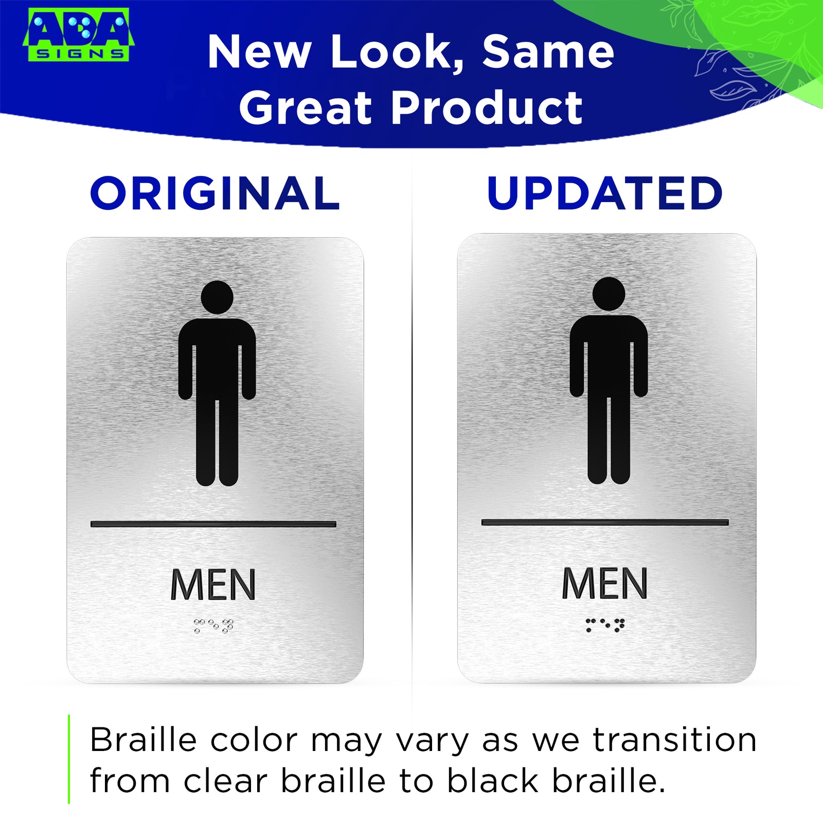 MEN Restroom Sign with Man Symbol, Non Accessible - Brushed Silver Aluminum - ADA Compliant