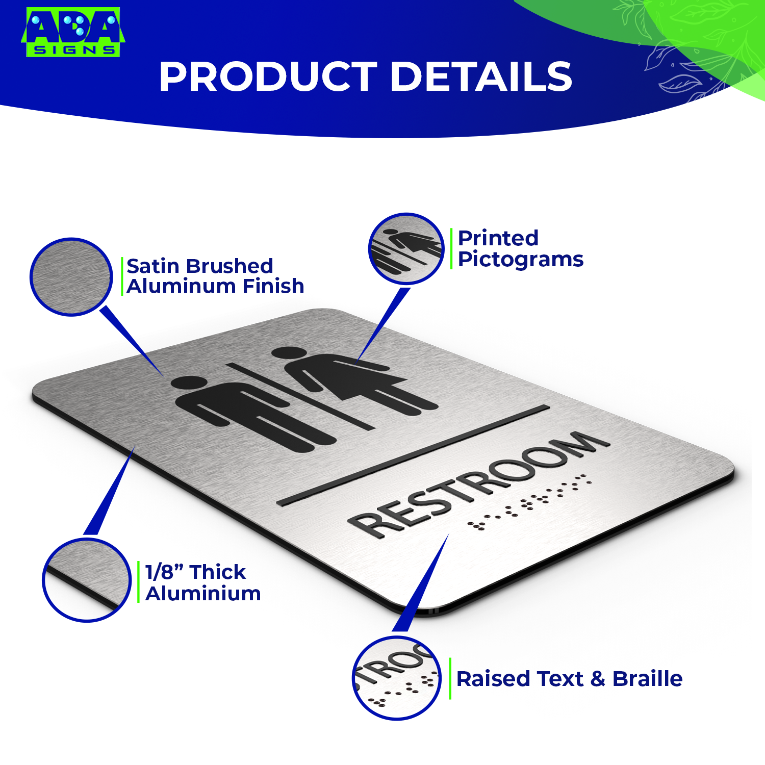 UNISEX Restroom Sign with Man & Woman Symbols, Non Accessible - Brushed Silver Aluminum - ADA Compliant