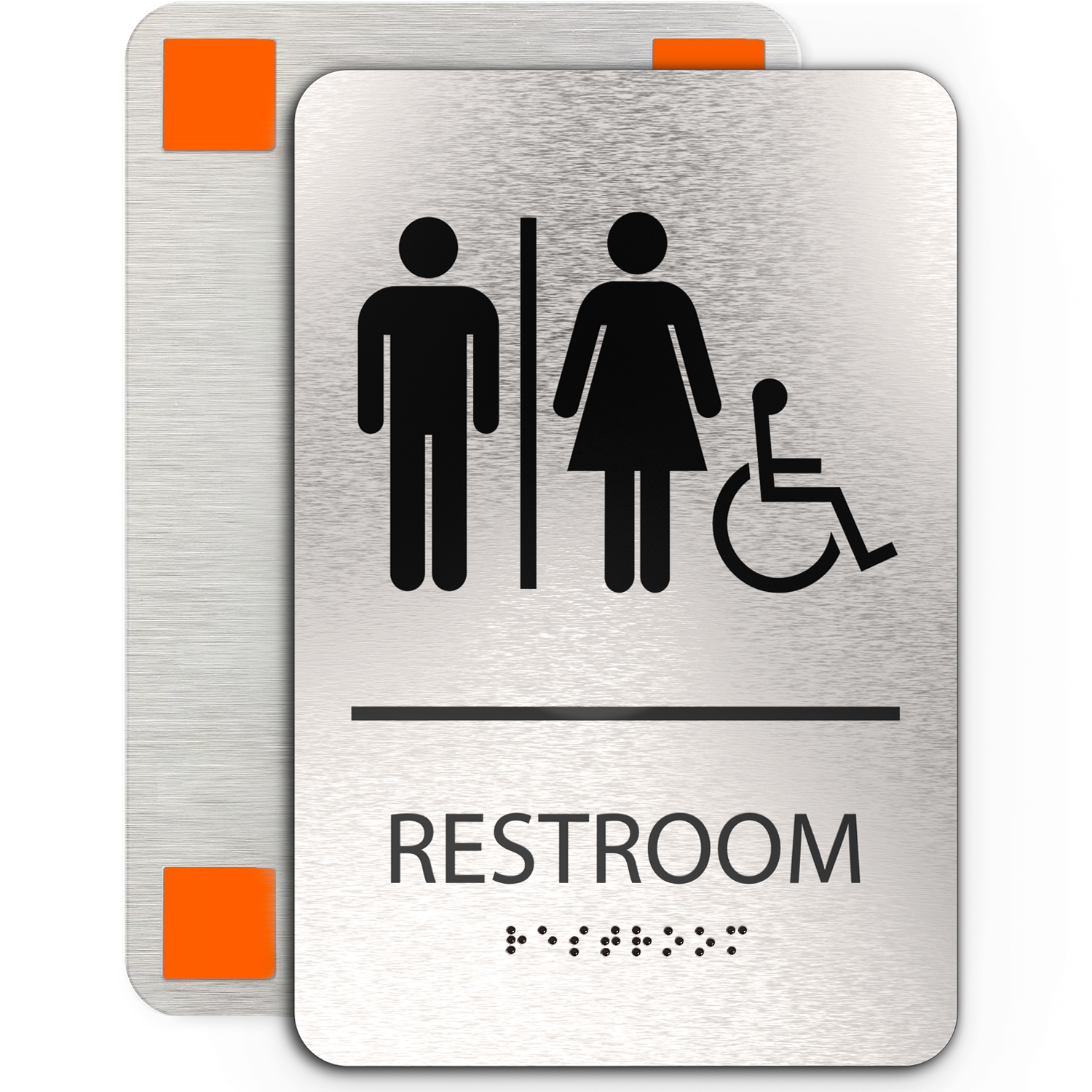 UNISEX Bathroom Sign with Man, Woman, Wheelchair Symbols - Brushed Silver Aluminum - ADA Compliant