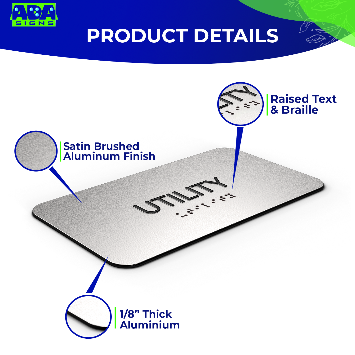 UTILITY CLOSET Sign, - Brushed Silver Aluminum - ADA Compliant