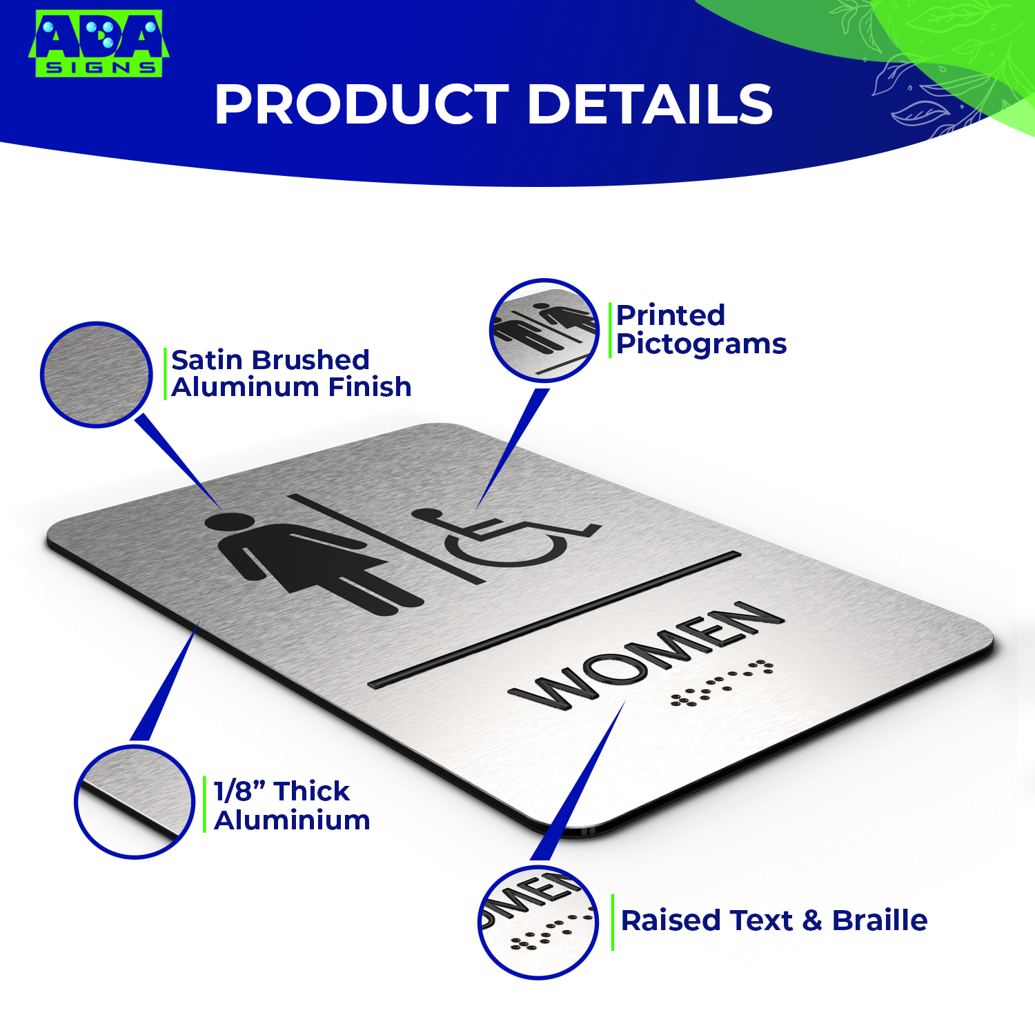 WOMEN Restroom Sign with Woman & Wheelchair Symbols - Brushed Silver Aluminum - ADA Compliant