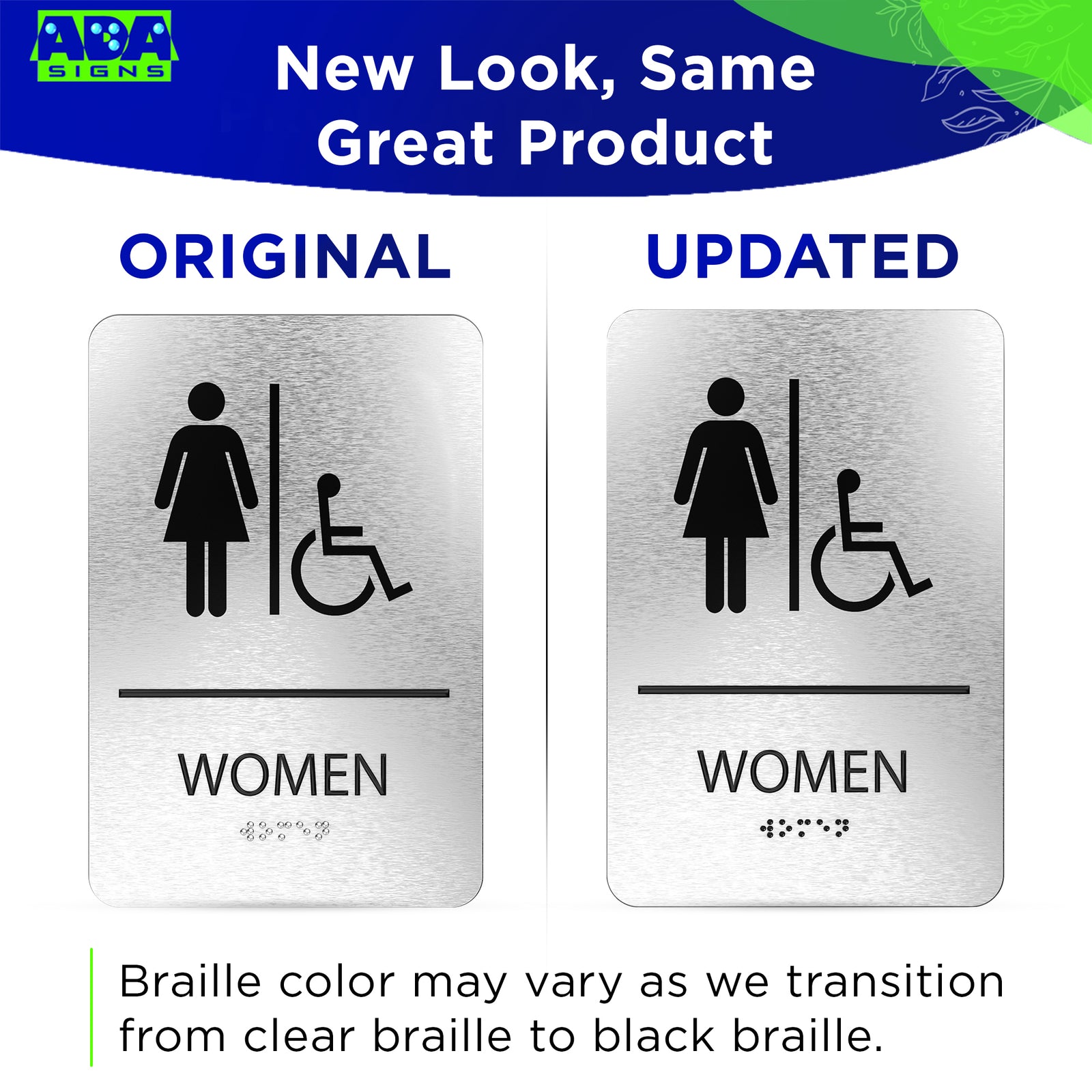WOMEN Restroom Sign with Woman & Wheelchair Symbols - Brushed Silver Aluminum - ADA Compliant