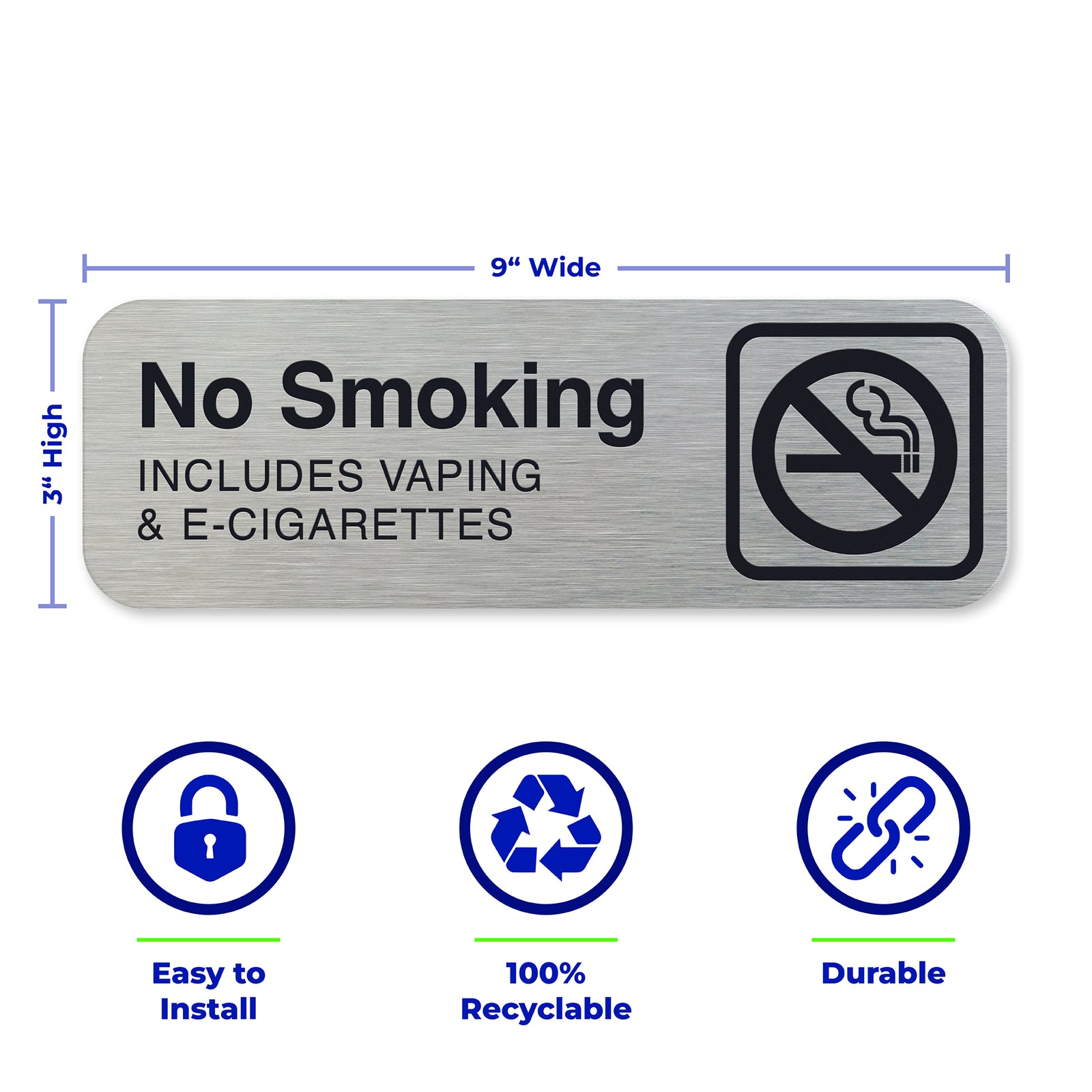 No Smoking Sign Office, NO SMOKING INCLUDING VAPING & E-CIGARETTES, Aluminum Brushed Silver, Black Text, 9"x 3"