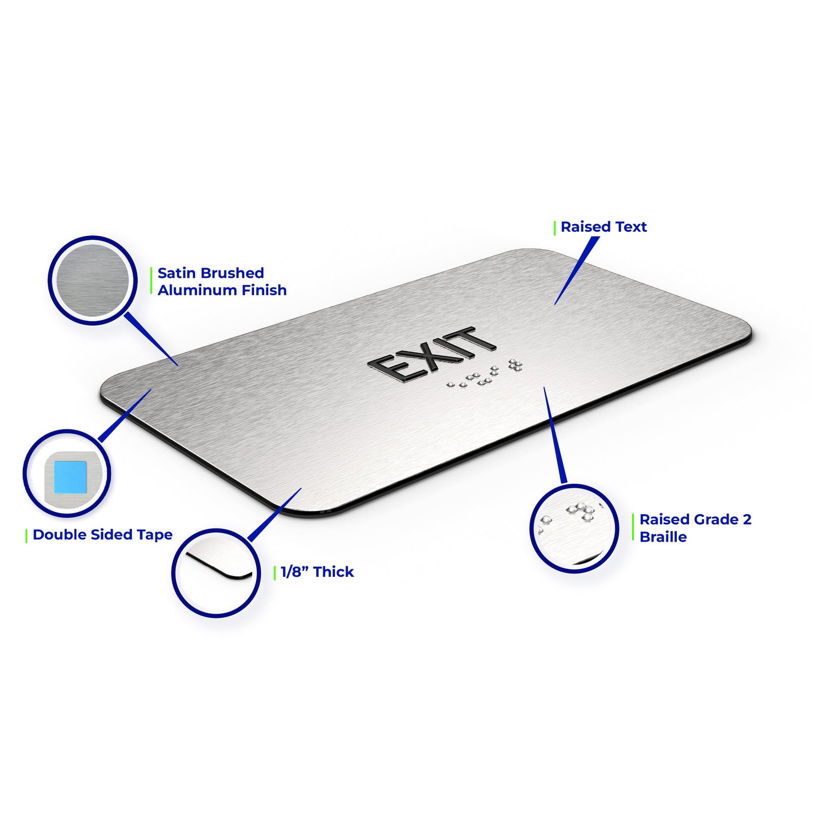 EXIT Sign - Brushed Silver Aluminum - ADA Compliant