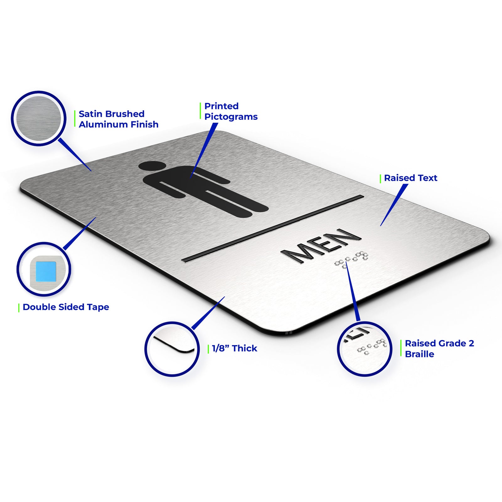 MEN Restroom Sign with Man Symbol, Non Accessible - Brushed Silver Aluminum - ADA Compliant