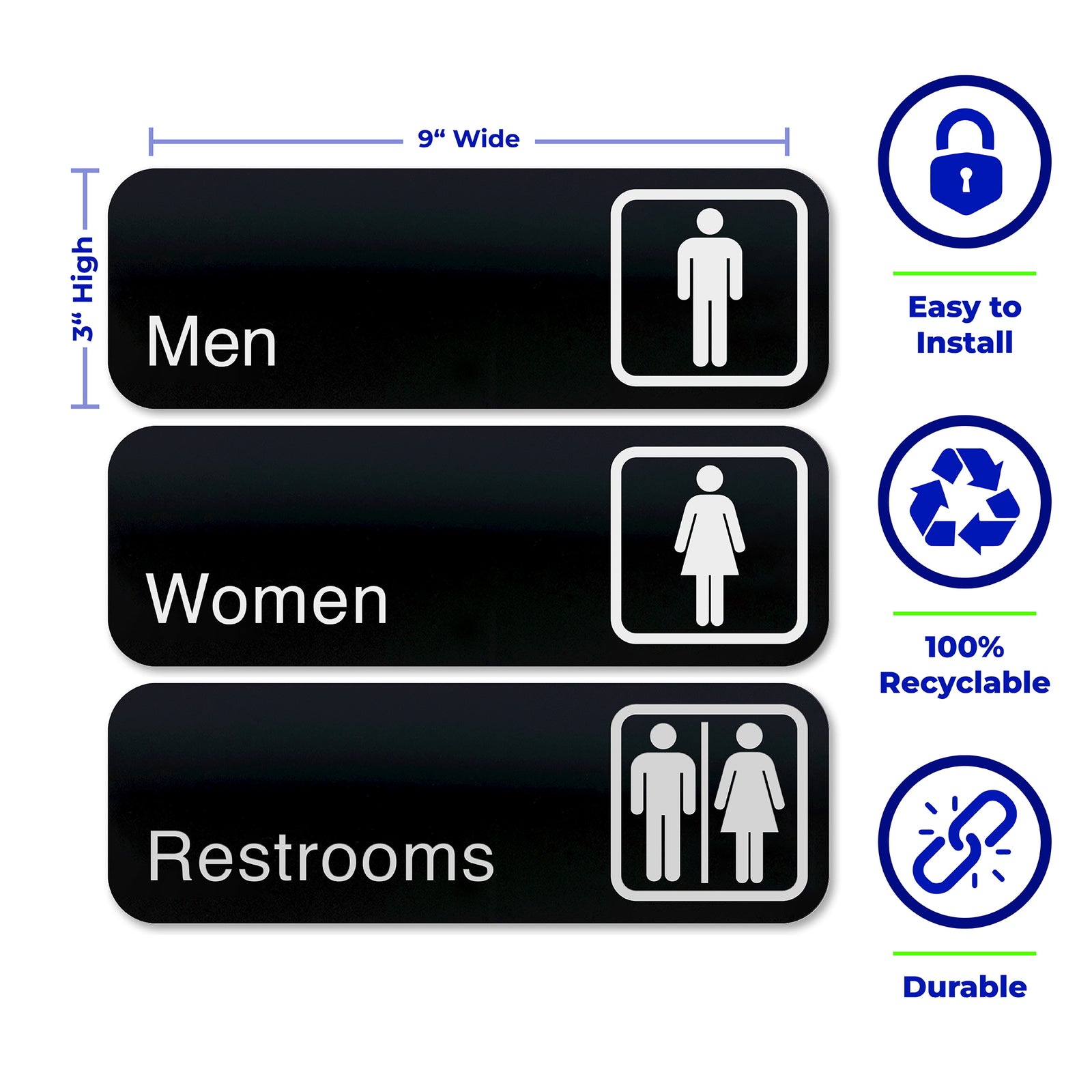 MEN, WOMEN, RESTROOM Signs, 1 of each - Black Acrylic - Set of 3