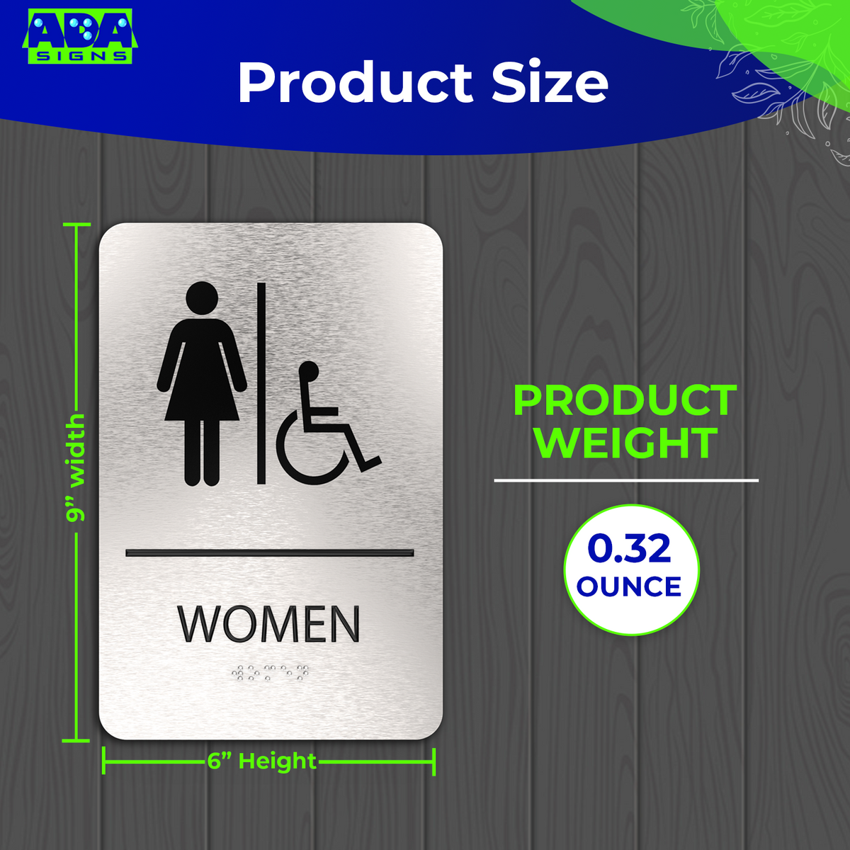 WOMEN Restroom Sign with Woman & Wheelchair Symbols - Brushed Silver Aluminum - ADA Compliant