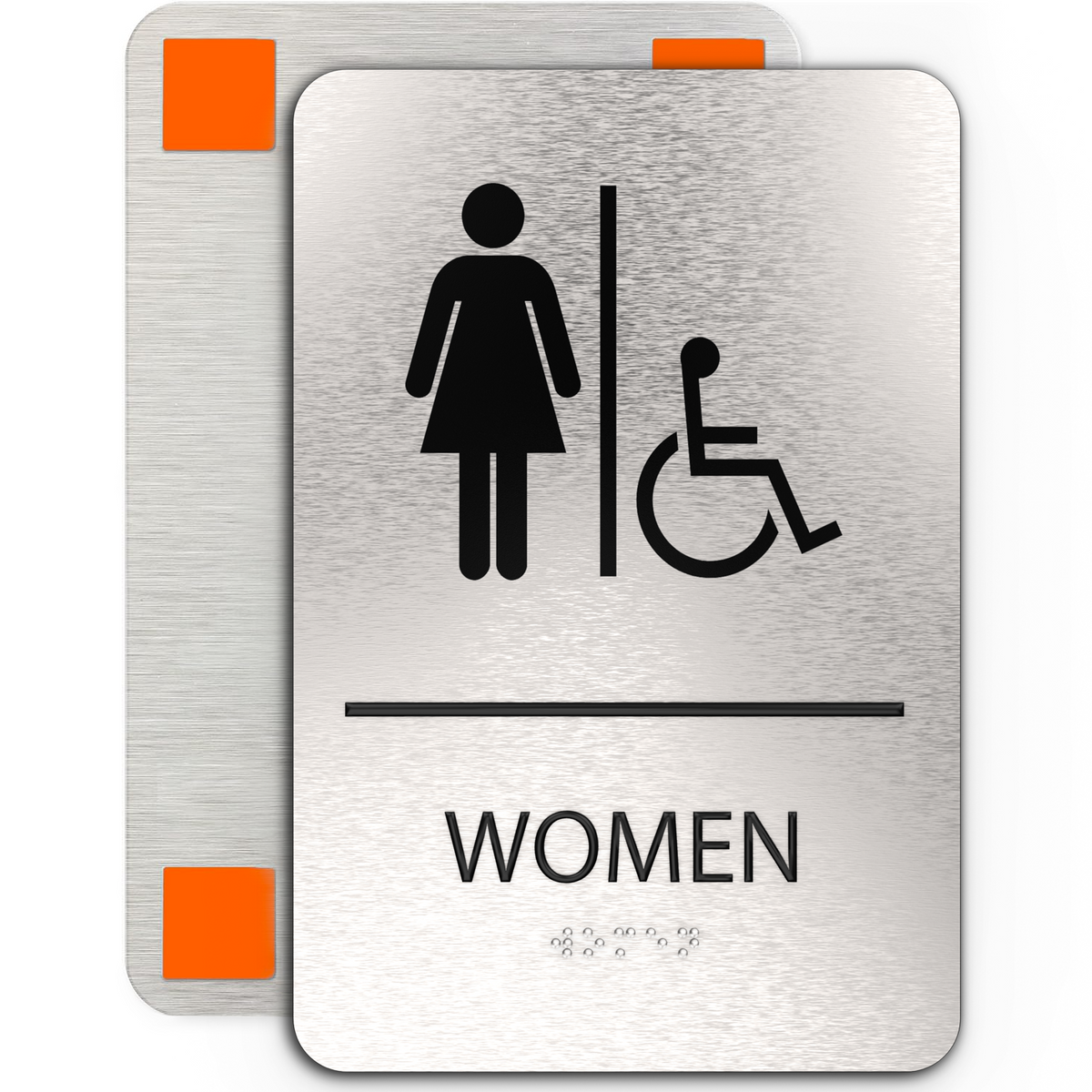 WOMEN Restroom Sign with Woman &amp; Wheelchair Symbols - Brushed Silver Aluminum - ADA Compliant