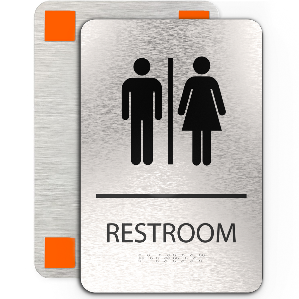 UNISEX Restroom Sign with Man &amp; Woman Symbols, Non Accessible - Brushed Silver Aluminum - ADA Compliant