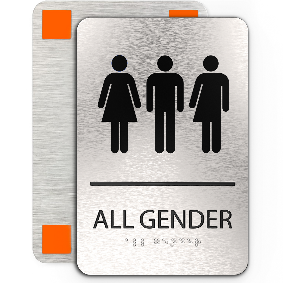 ALL GENDER Restroom Sign with Man, Woman &amp; Blended Symbols, Non Accessible - Brushed Silver Aluminum - ADA Compliant