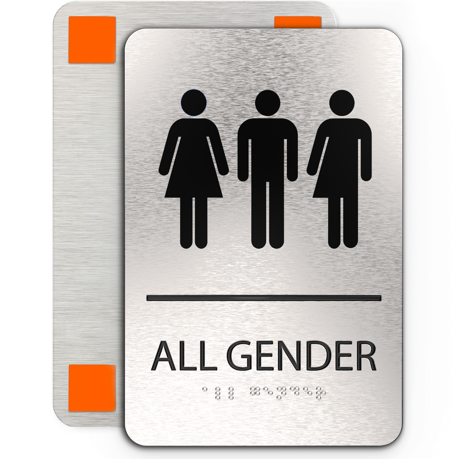 ALL GENDER Restroom Sign with Man, Woman & Blended Symbols, Non Accessible - Brushed Silver Aluminum - ADA Compliant