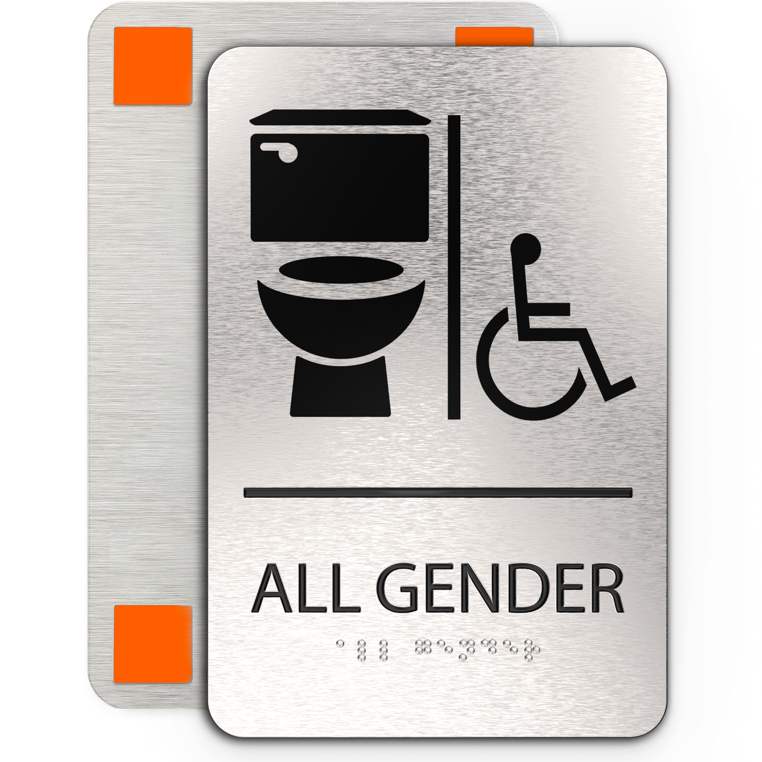ALL GENDER Restroom Sign with Toilet & Wheelchair Symbols - Brushed Silver Aluminum - ADA Compliant